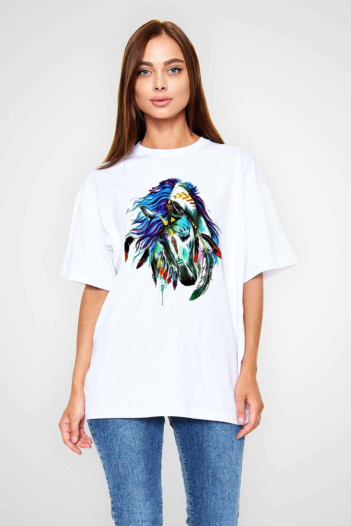 At Beyaz Unisex Oversize Tişört T-Shirt