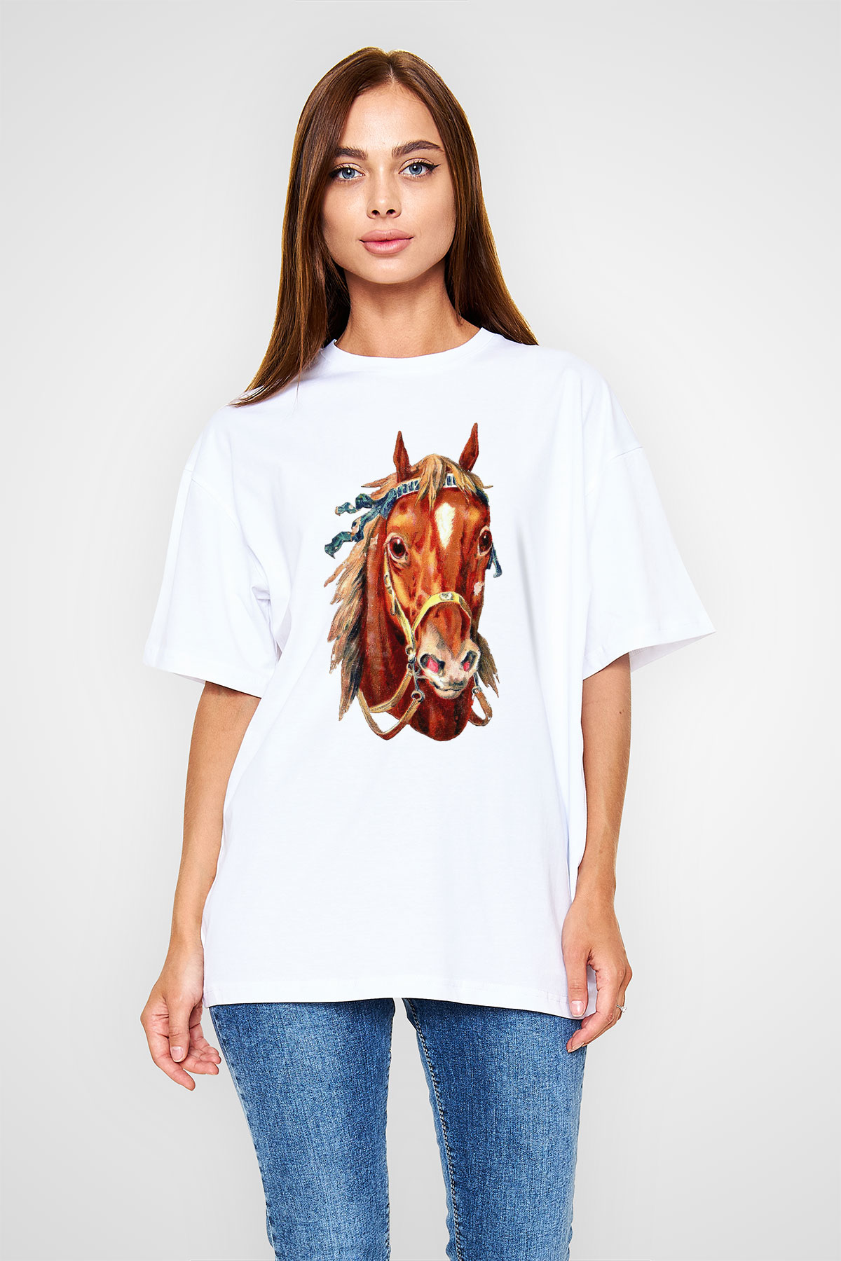At Beyaz Unisex Oversize Tişört T-Shirt