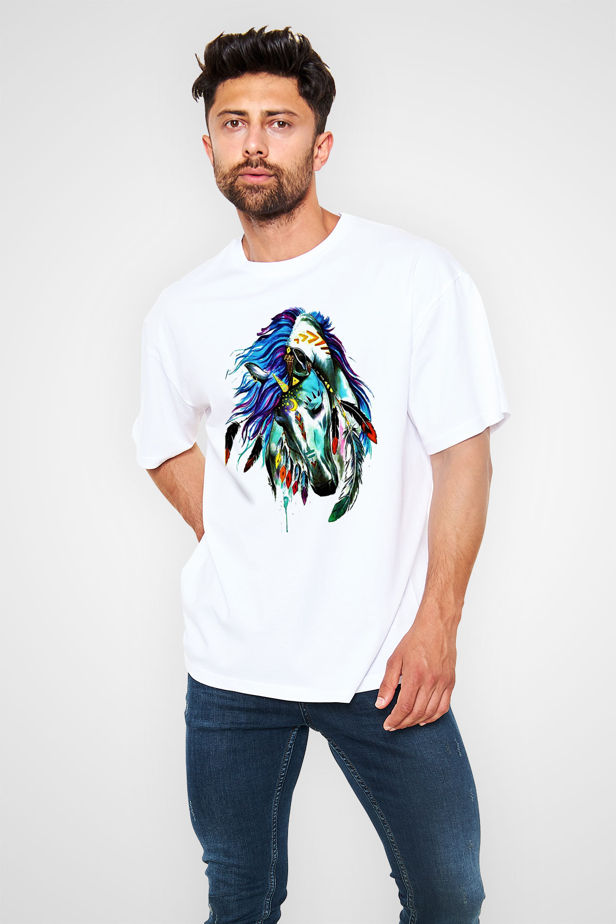 At Beyaz Unisex Oversize Tişört T-Shirt