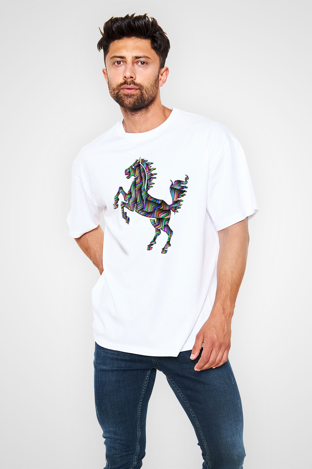 At Beyaz Unisex Oversize Tişört T-Shirt