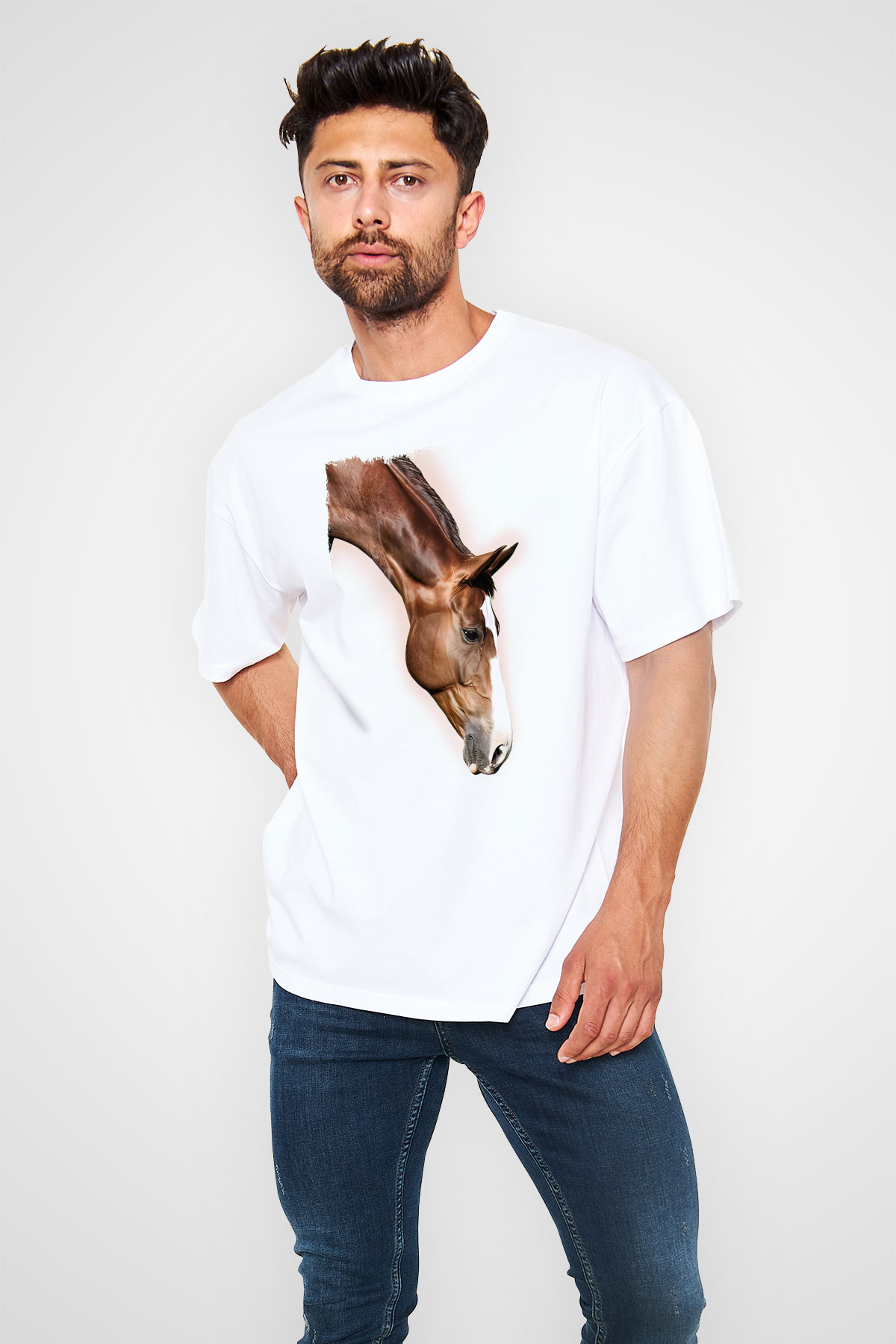 At Beyaz Oversize Tişört Oversize T-shirt - TişörtFabrikası