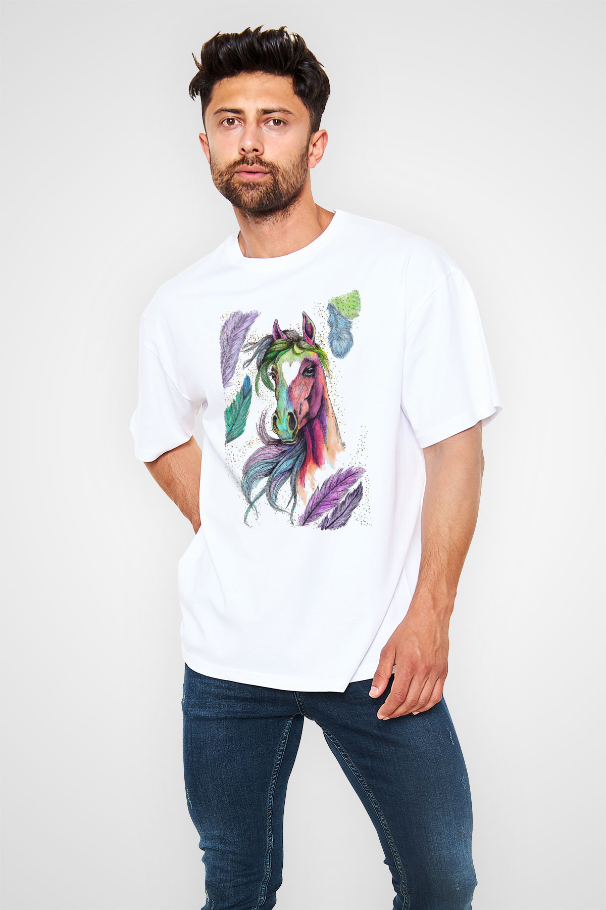 At Beyaz Oversize Tişört Oversize T-shirt - TişörtFabrikası