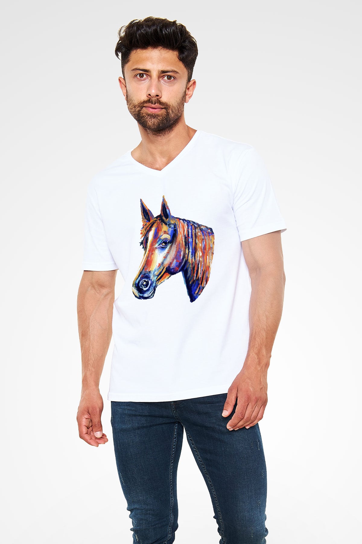 At Beyaz Unisex V Yaka Tişört T-Shirt