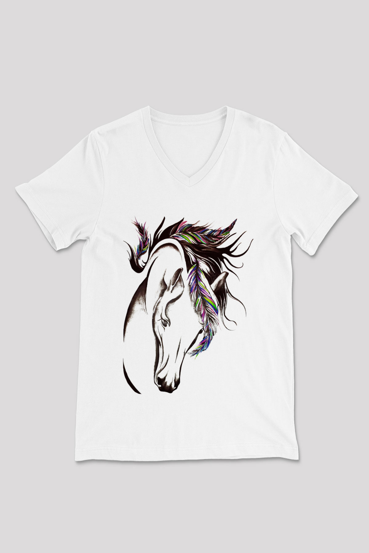 At Beyaz Unisex V Yaka Tişört T-Shirt