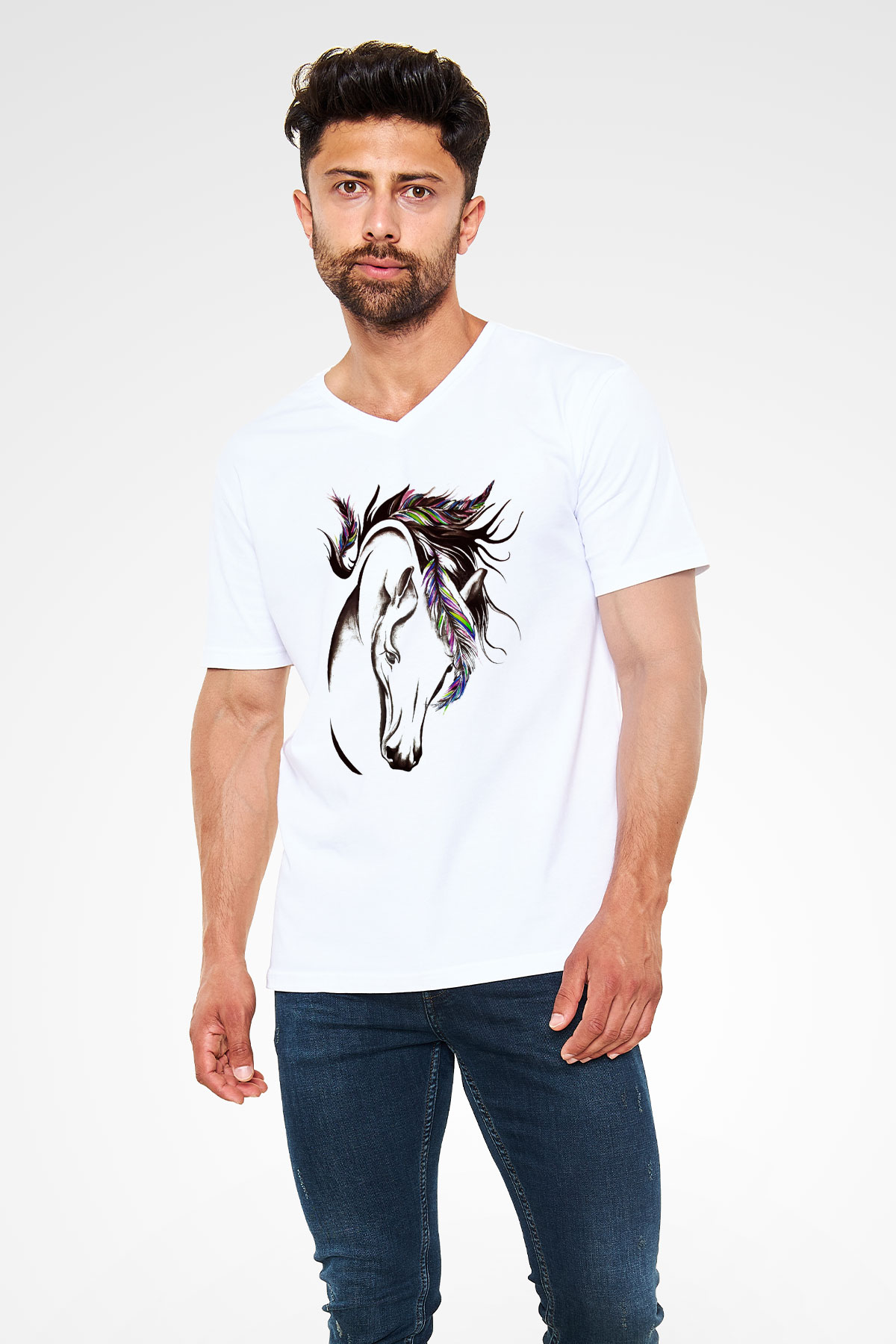 At Beyaz Unisex V Yaka Tişört T-Shirt