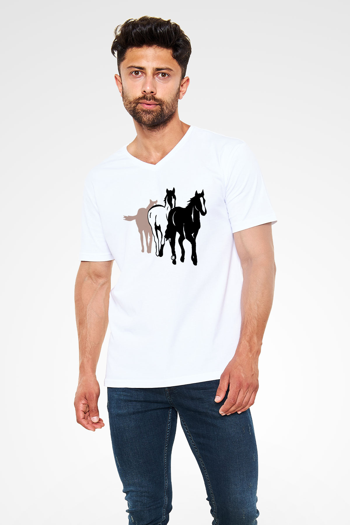 At Beyaz Unisex V Yaka Tişört T-Shirt