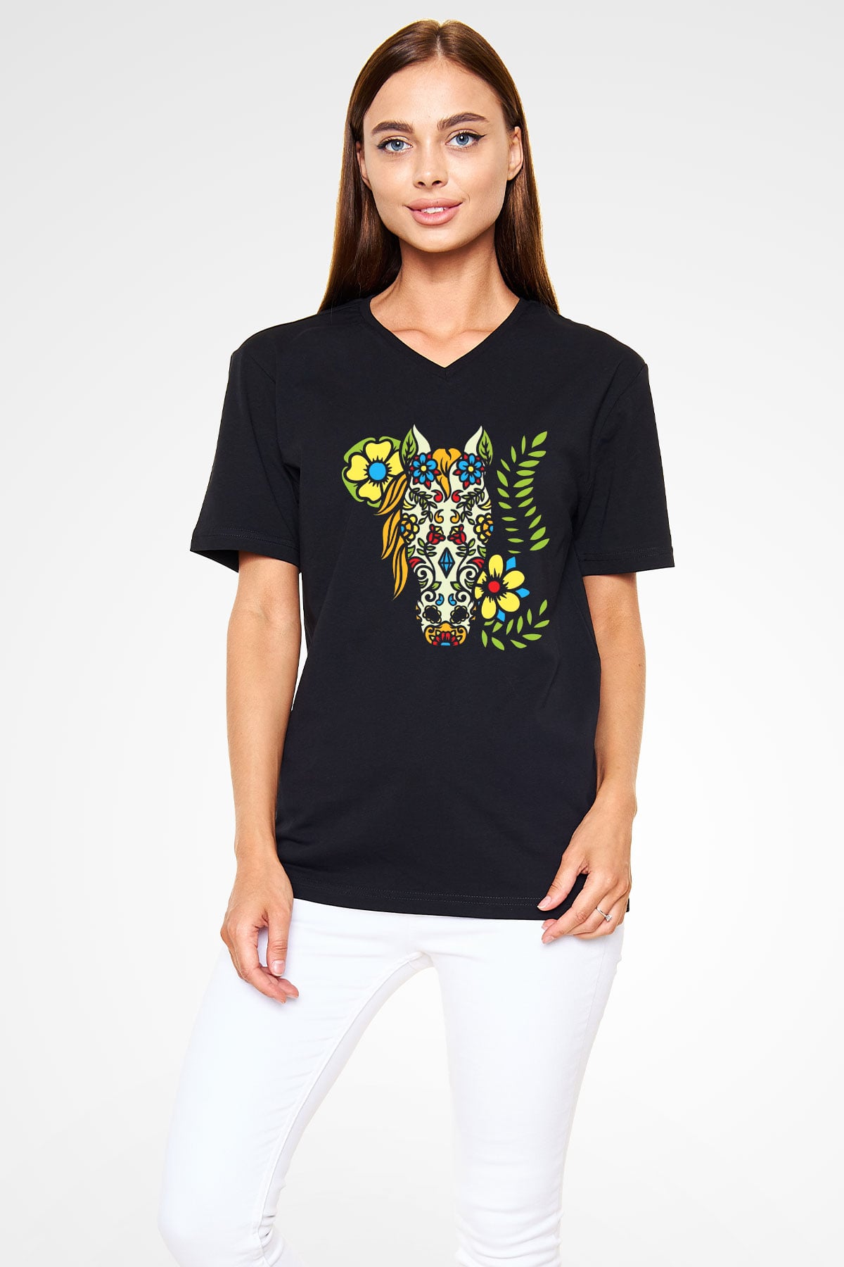 At Siyah Unisex V Yaka Tişört T-Shirt