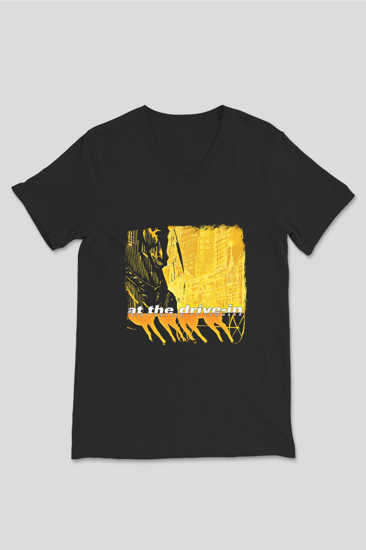 At the Drive-In Baskılı Unisex Siyah V Yaka Tişört