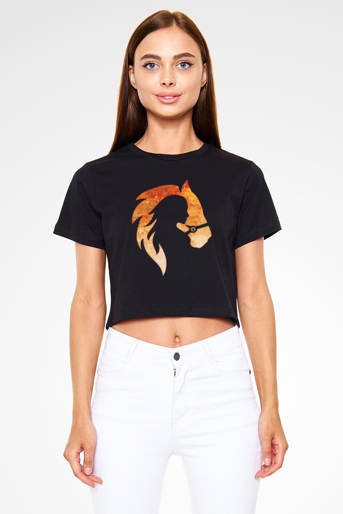 At ve Kız Baskılı  Siyah  Crop Top Tişört