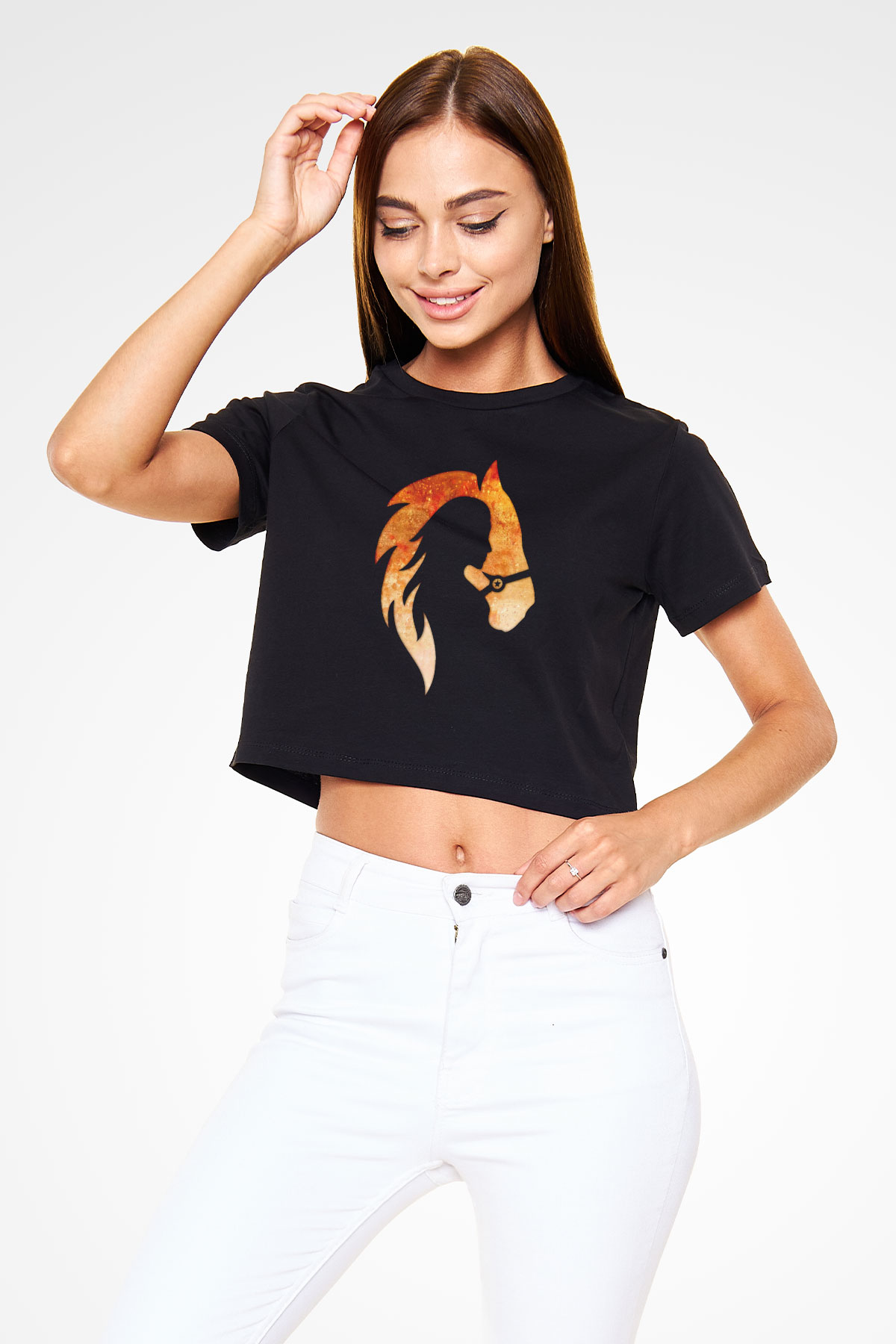 At ve Kız Baskılı  Siyah  Crop Top Tişört