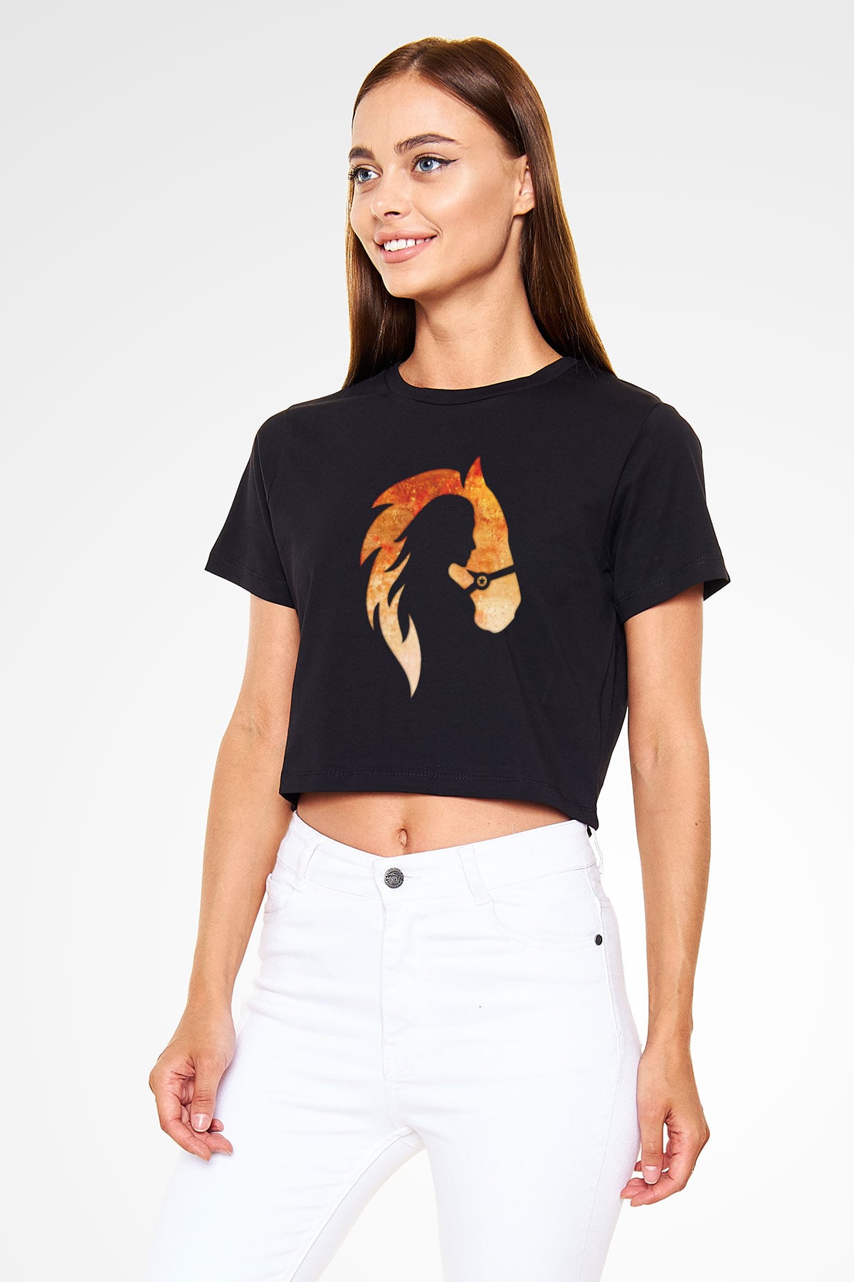 At ve Kız Baskılı  Siyah  Crop Top Tişört