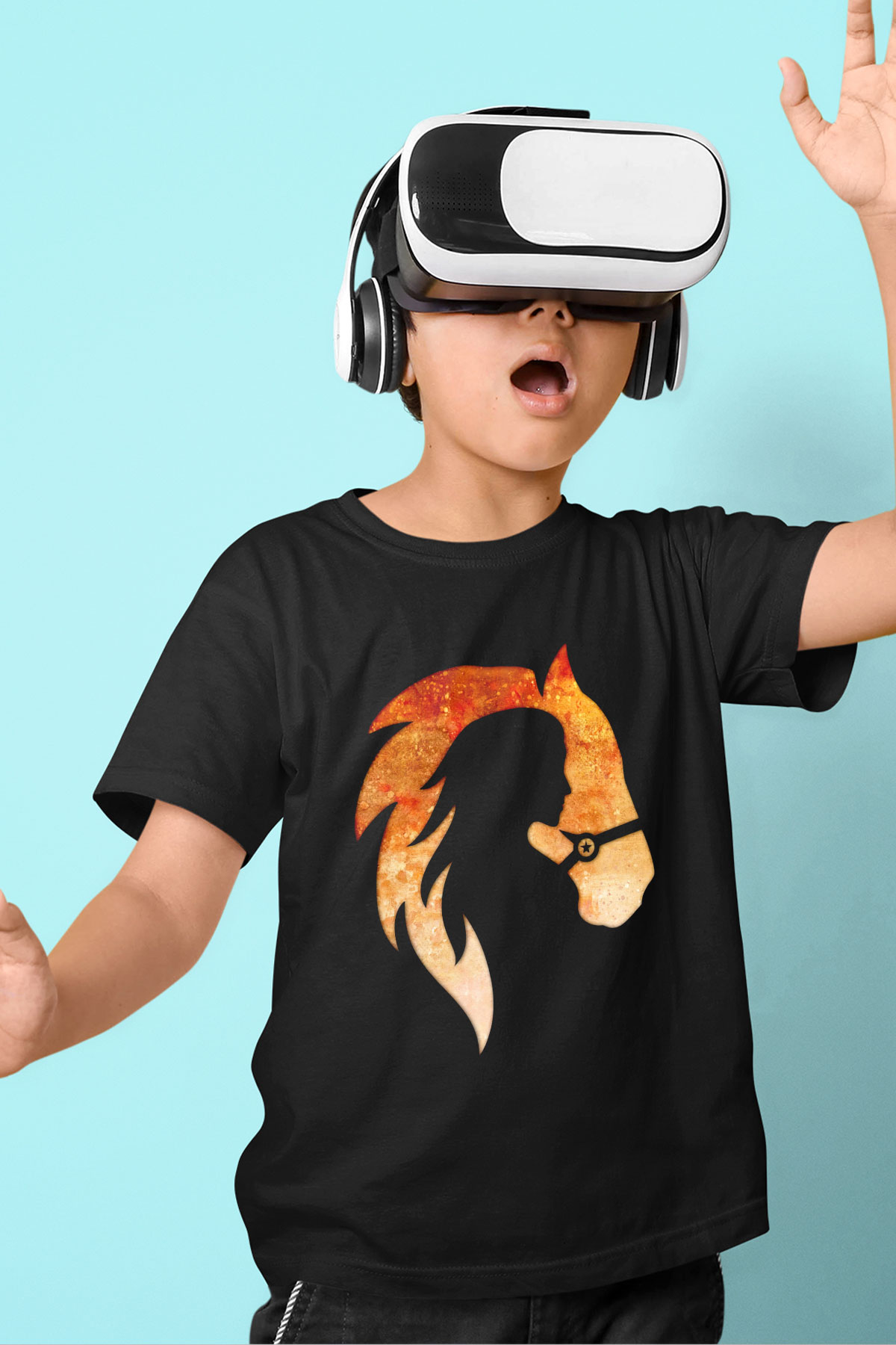 At ve Kız Baskılı Unisex Siyah  Çocuk Tişört