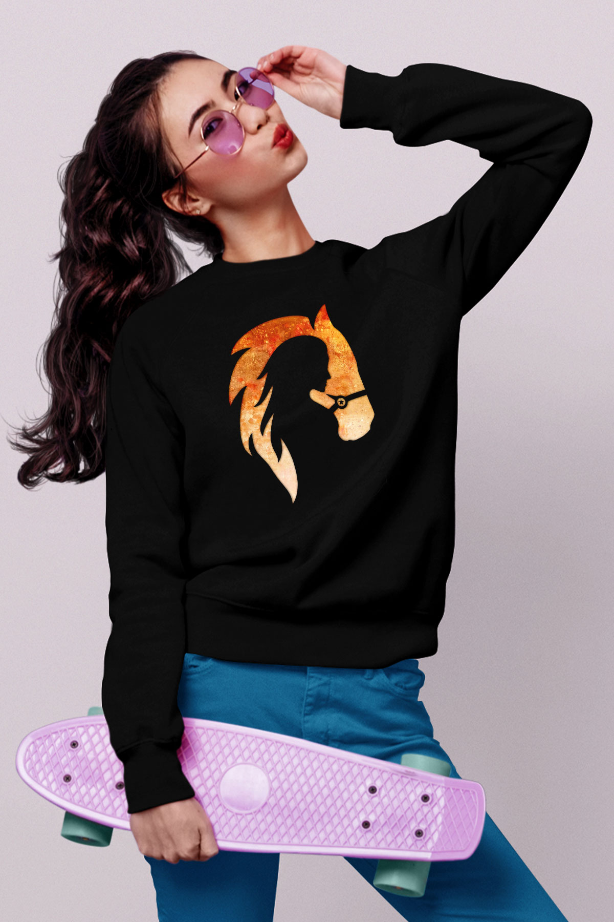 At ve Kız Baskılı Unisex Siyah  Sweatshirt