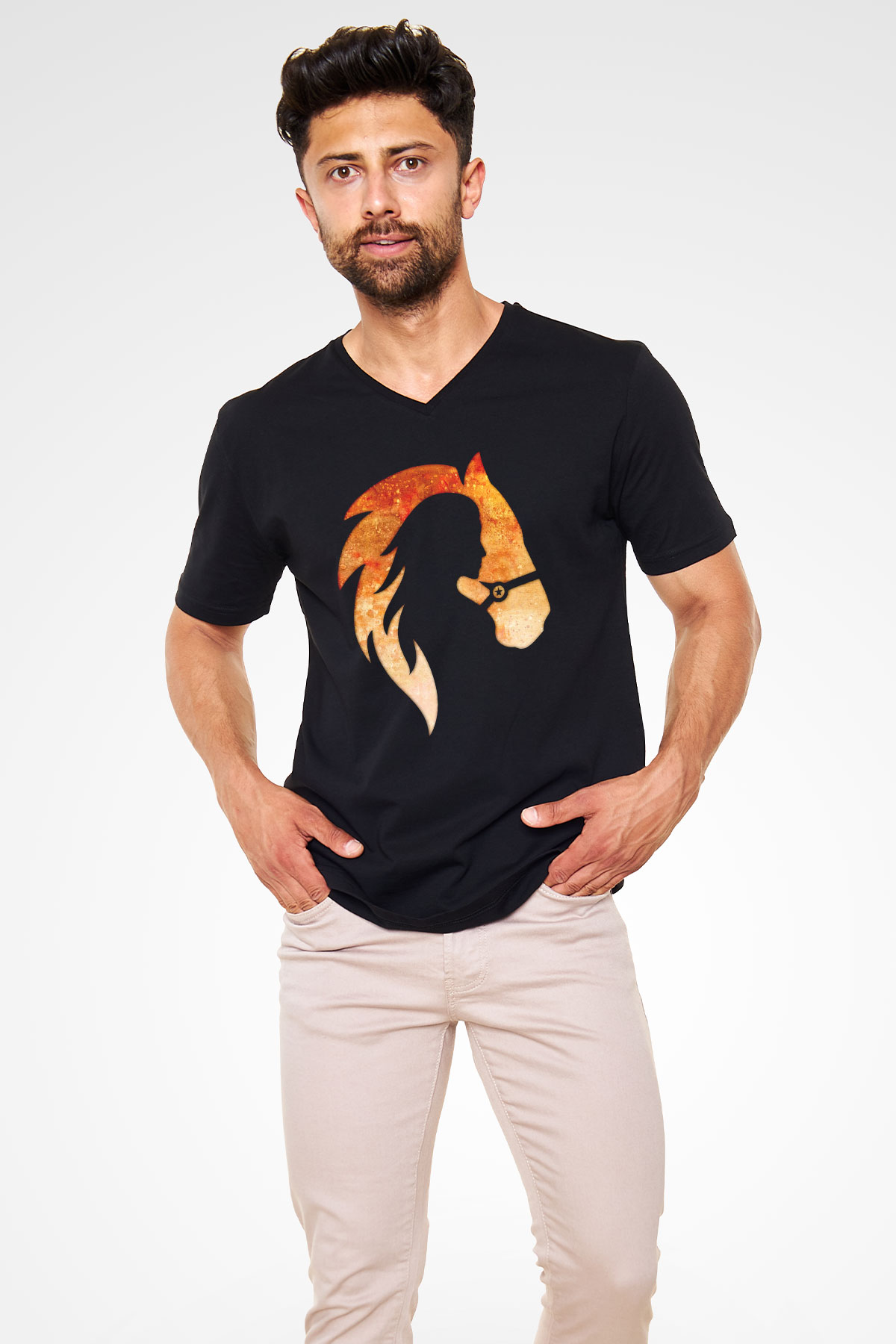 At ve Kız Baskılı Unisex Siyah  V Yaka Tişört