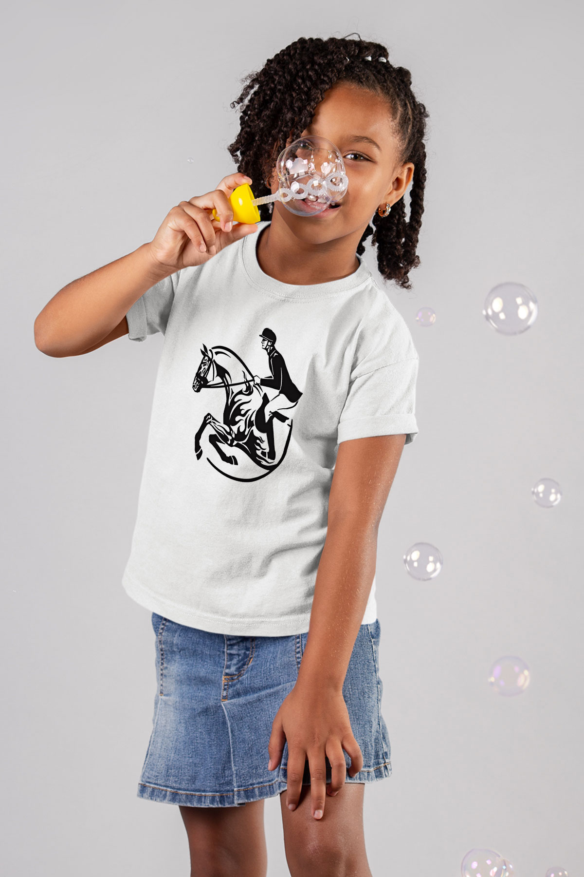 At Yarışı Baskılı Unisex Beyaz Çocuk Tişört - Tshirt