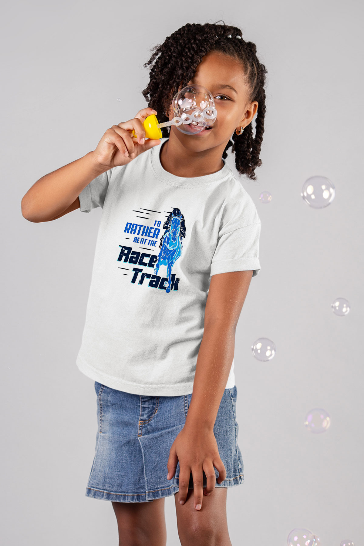 At Yarışı Baskılı Unisex Beyaz Çocuk Tişört - Tshirt