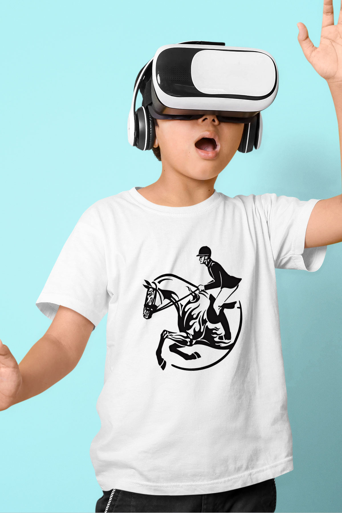 At Yarışı Baskılı Unisex Beyaz Çocuk Tişört - Tshirt