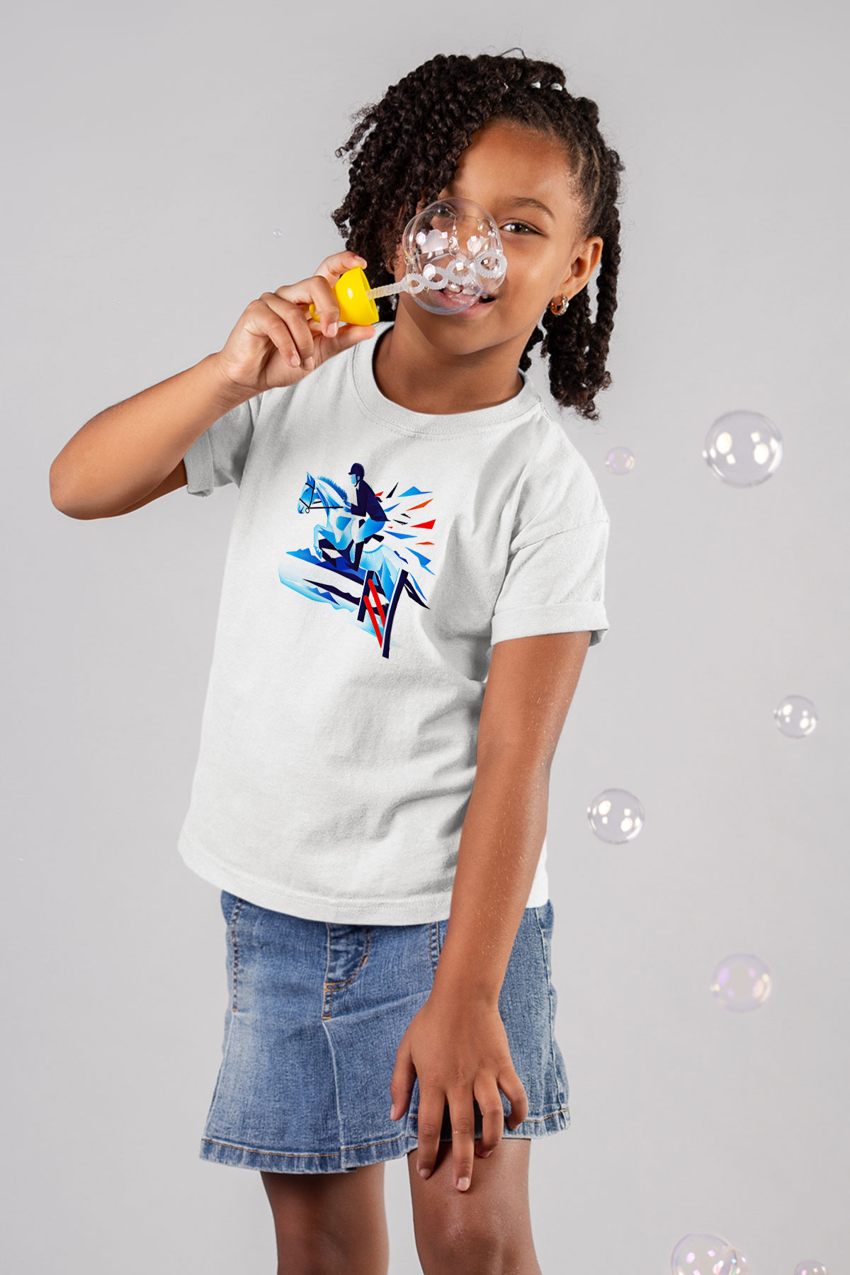 At Yarışı Baskılı Unisex Beyaz Çocuk Tişört - Tshirt