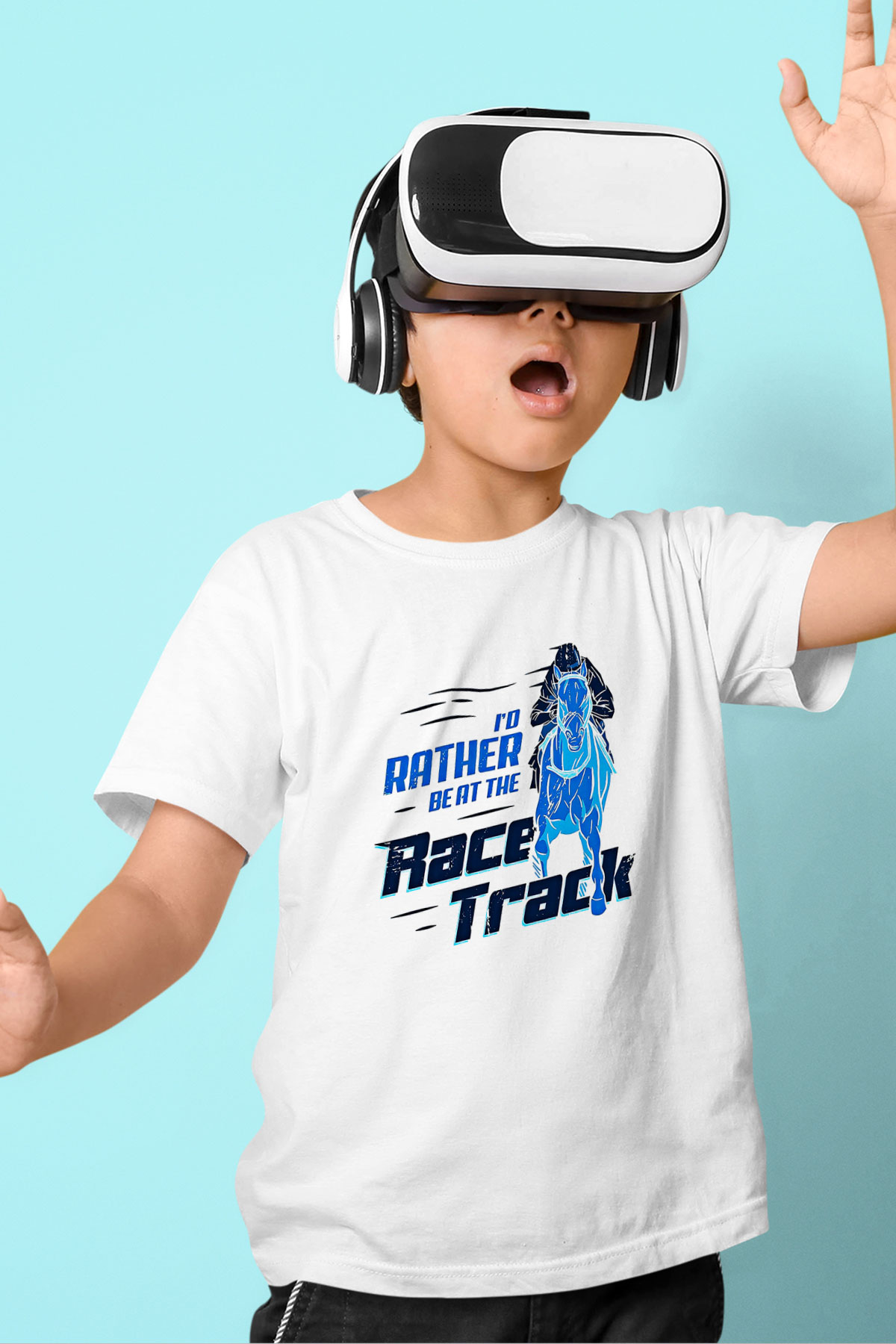 At Yarışı Baskılı Unisex Beyaz Çocuk Tişört - Tshirt
