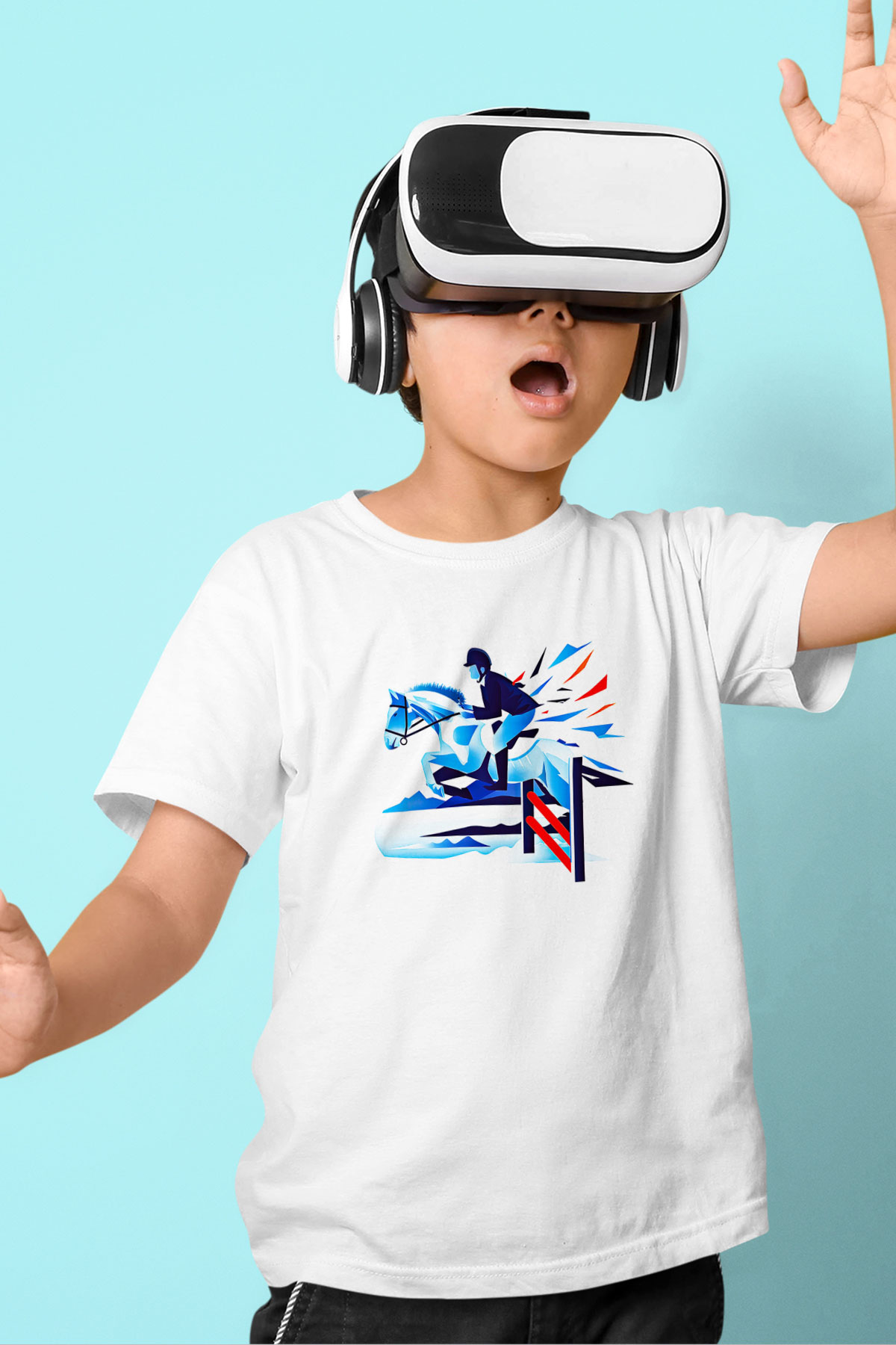 At Yarışı Baskılı Unisex Beyaz Çocuk Tişört - Tshirt