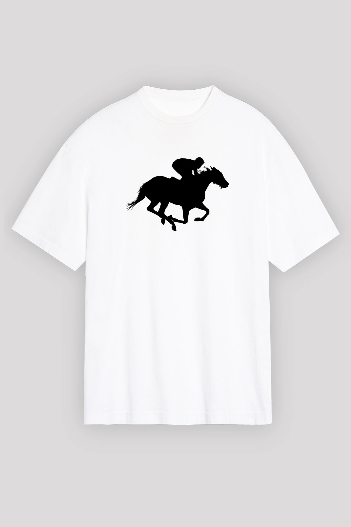 At Yarışı Baskılı Unisex Beyaz Oversize Tişört - Tshirt