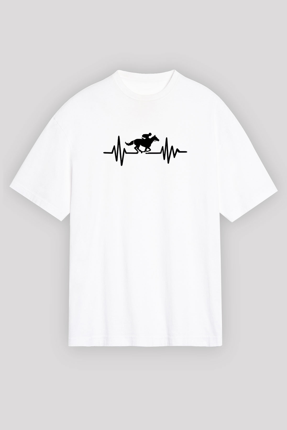 At Yarışı Baskılı Unisex Beyaz Oversize Tişört - Tshirt