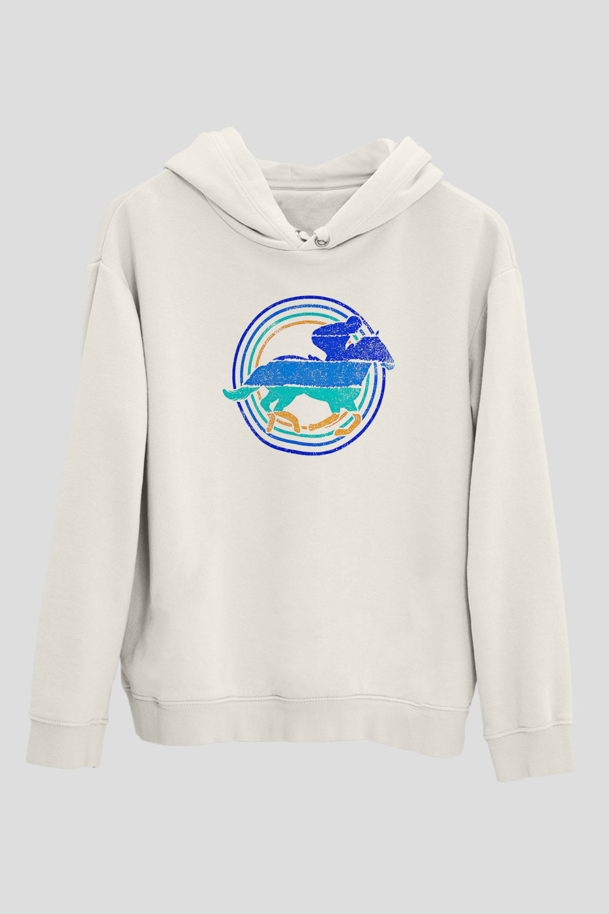 At Yarışı Baskılı Unisex Ekru Hoodie
