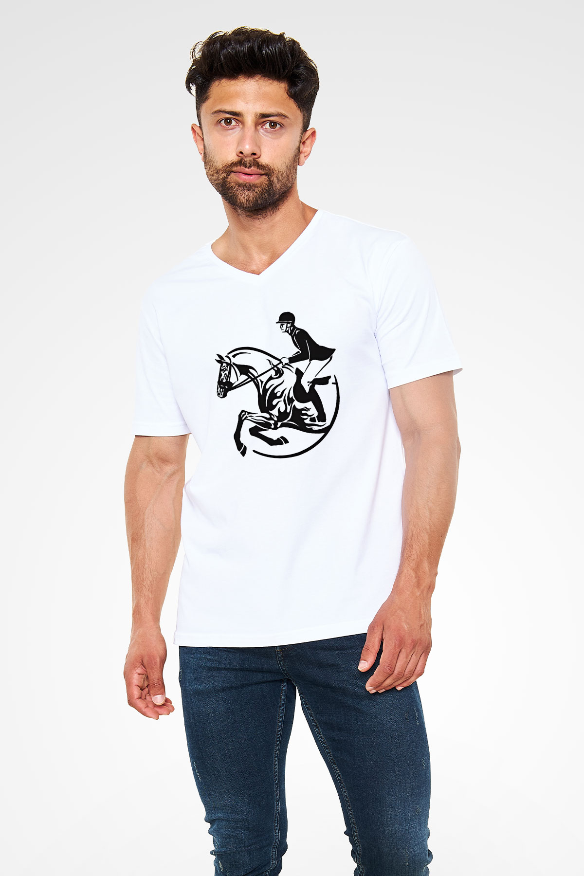 At Yarışı Baskılı Unisex V Yaka Tişört - Tshirt