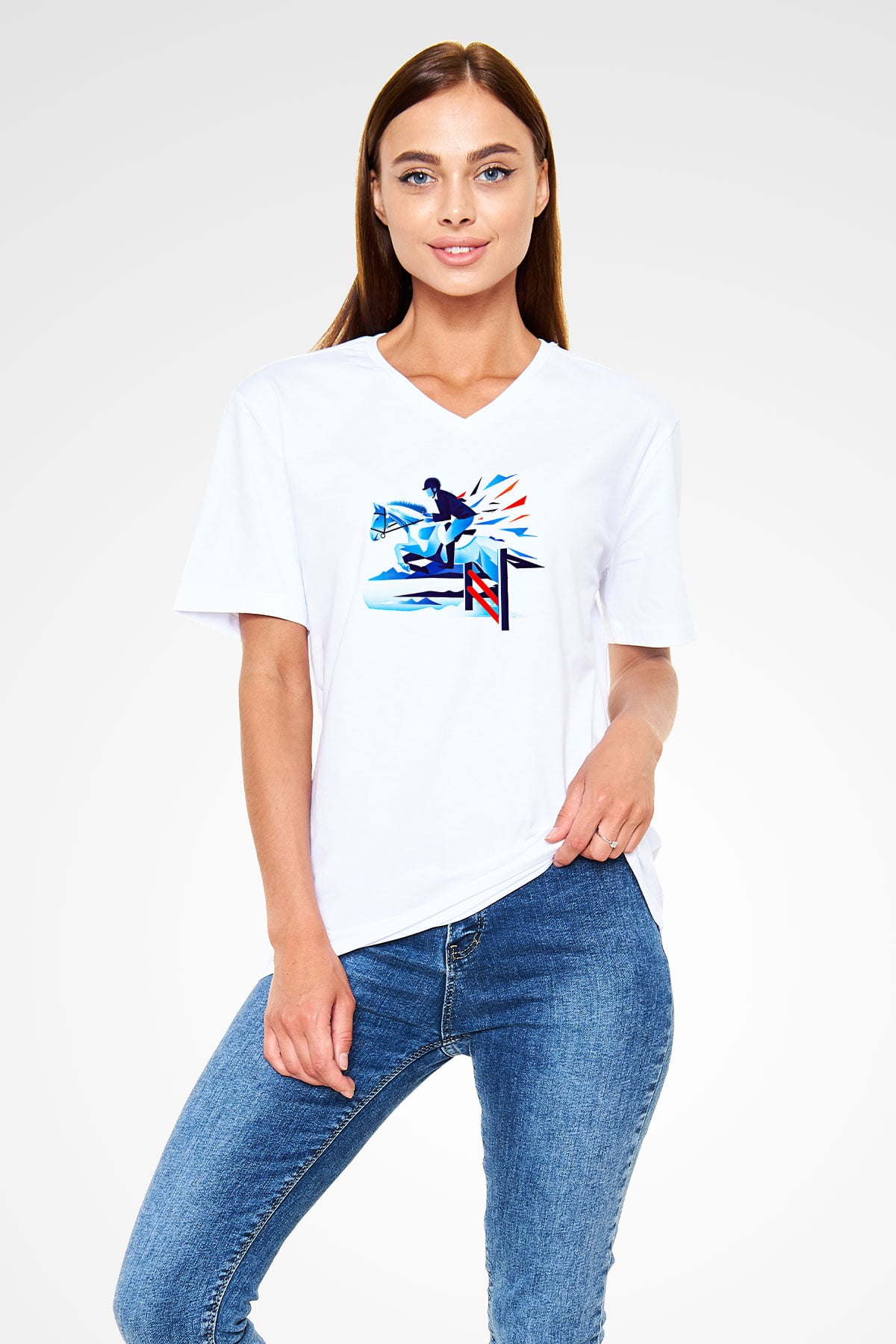 At Yarışı Baskılı Unisex V Yaka Tişört - Tshirt