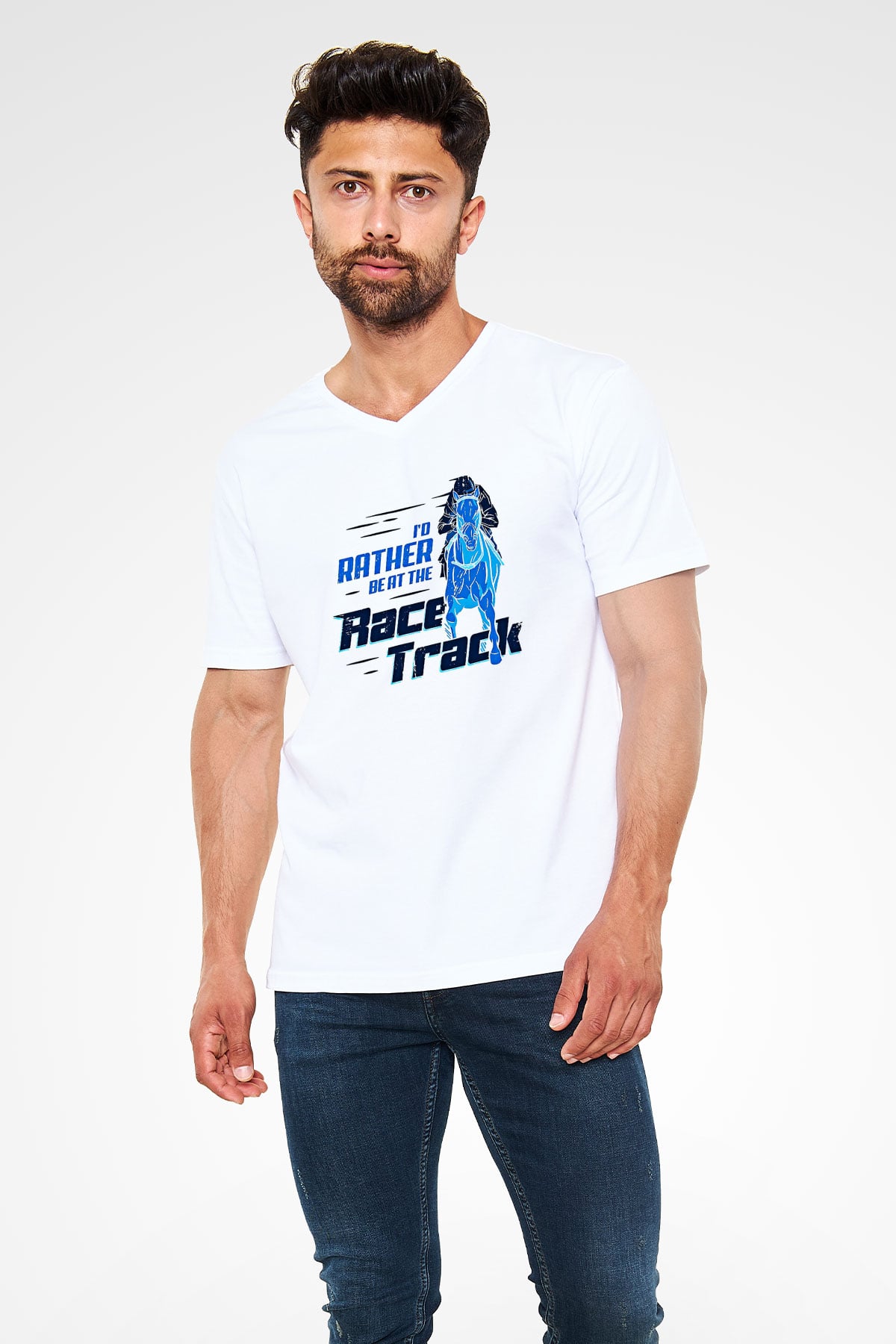 At Yarışı Baskılı Unisex V Yaka Tişört - Tshirt