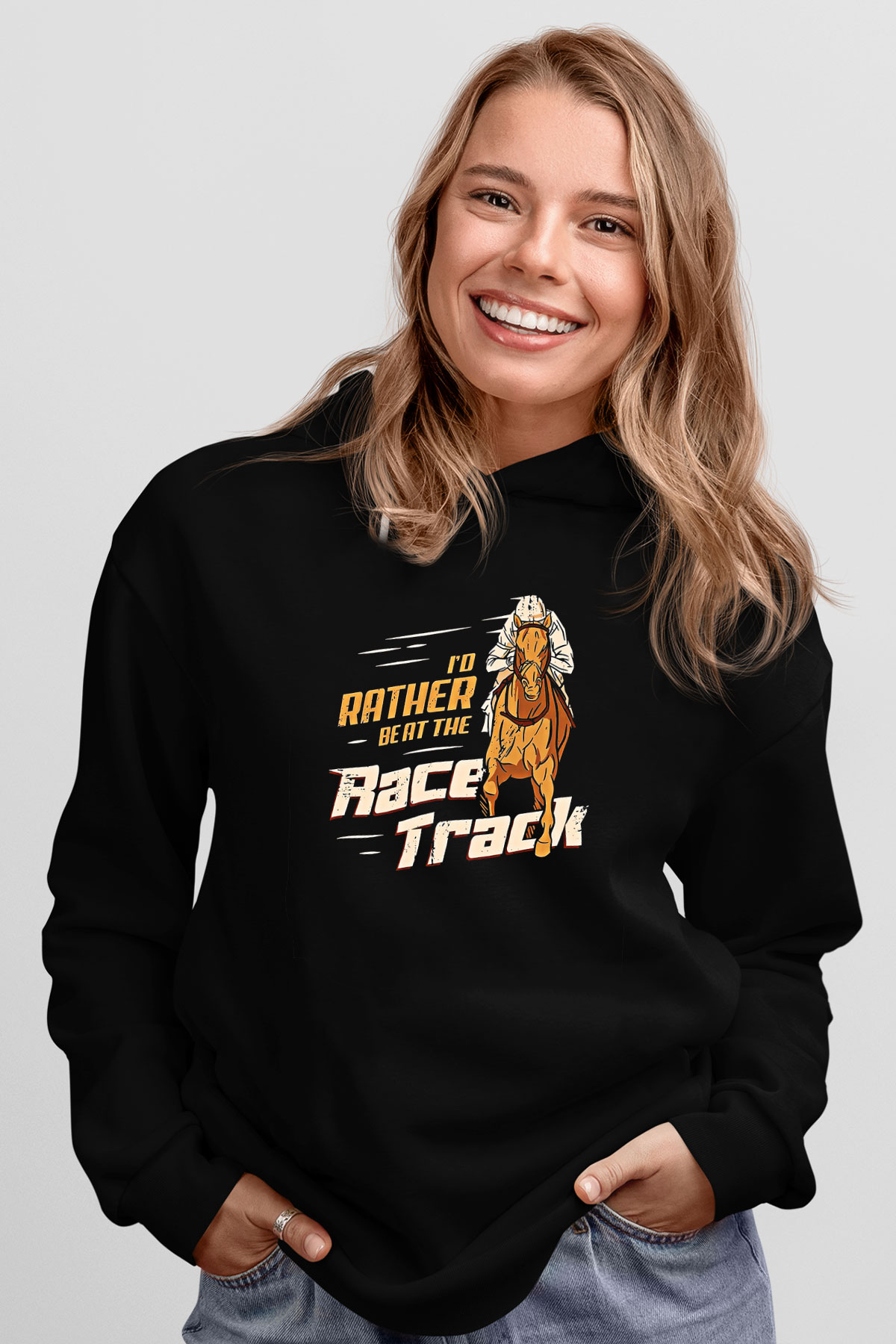 At Yarışı - Horse Race Baskılı Unisex Siyah Hoodie