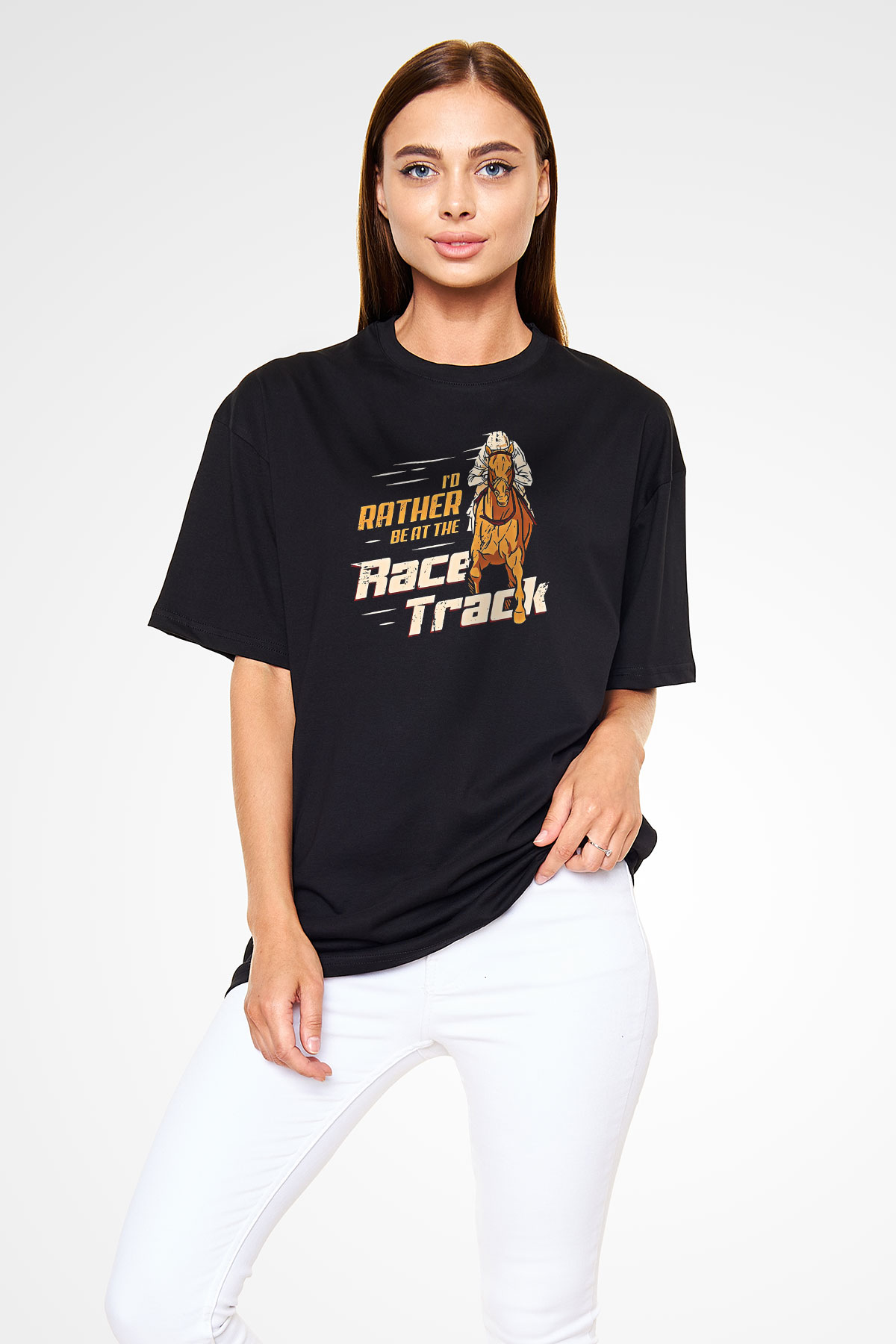 At Yarışı - Horse Race Baskılı Unisex Siyah Oversize Tişört