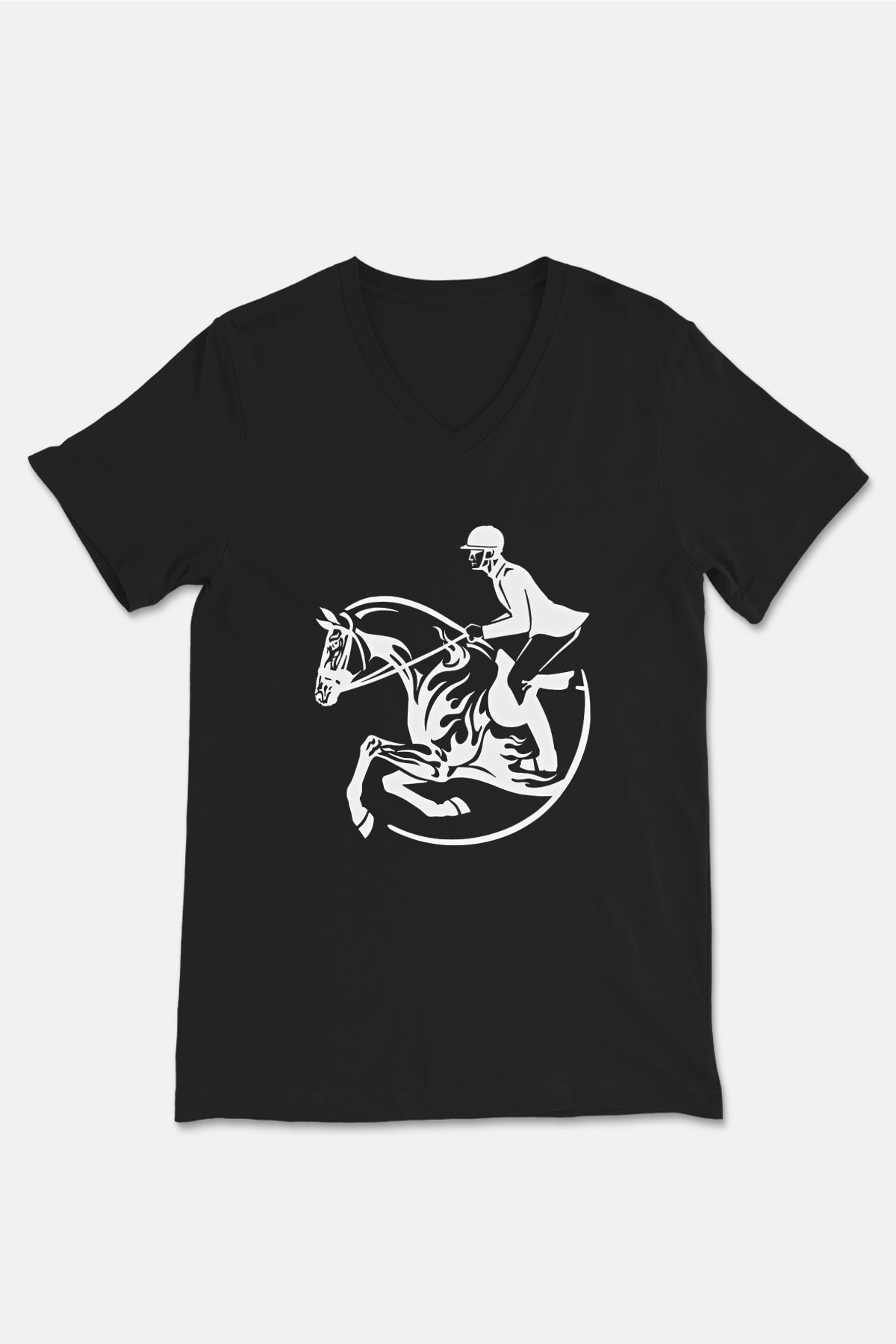 At Yarışı - Horse Race Baskılı Unisex Siyah V Yaka Tişört