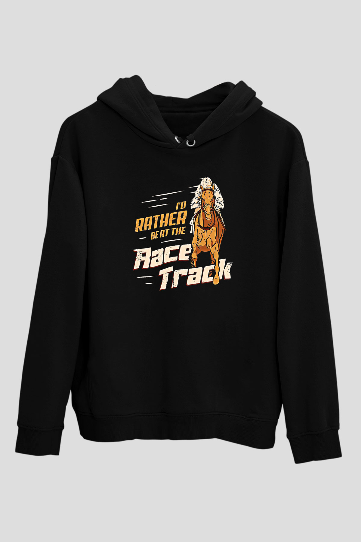 At Yarışı - Horse Race Baskılı Unisex Siyah Hoodie