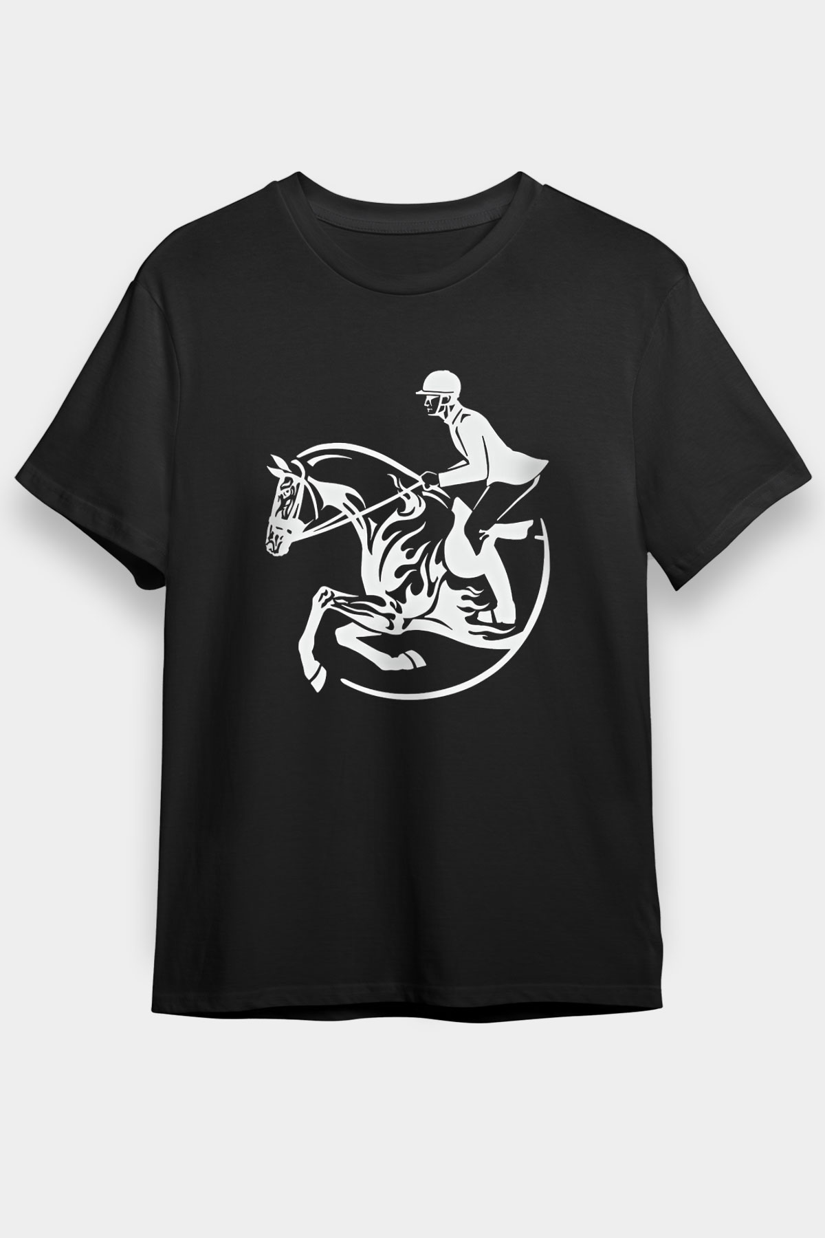 At Yarışı - Horse Race Baskılı Unisex Siyah Tişört - Tshirt