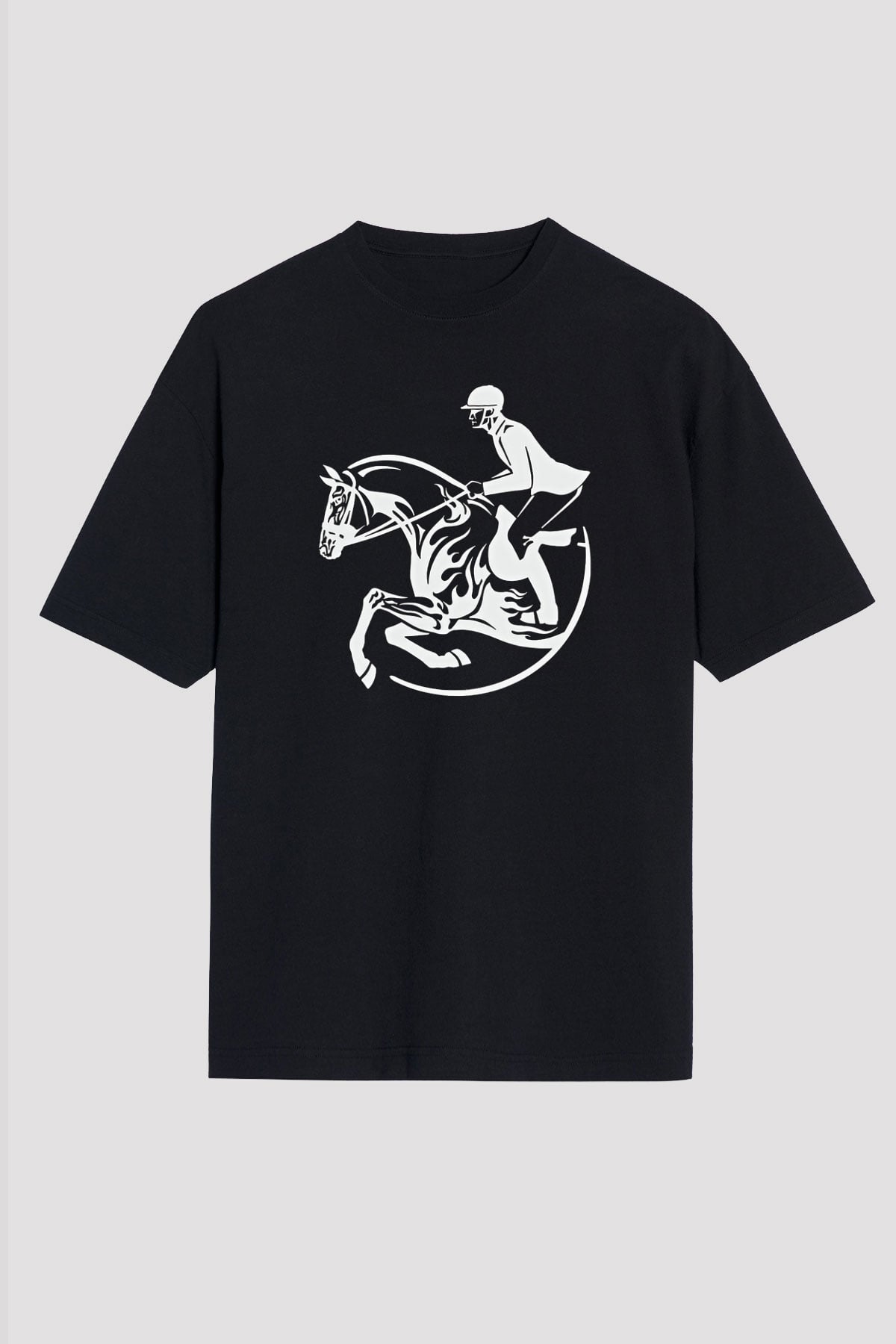 At Yarışı - Horse Race Baskılı Unisex Siyah Oversize Tişört