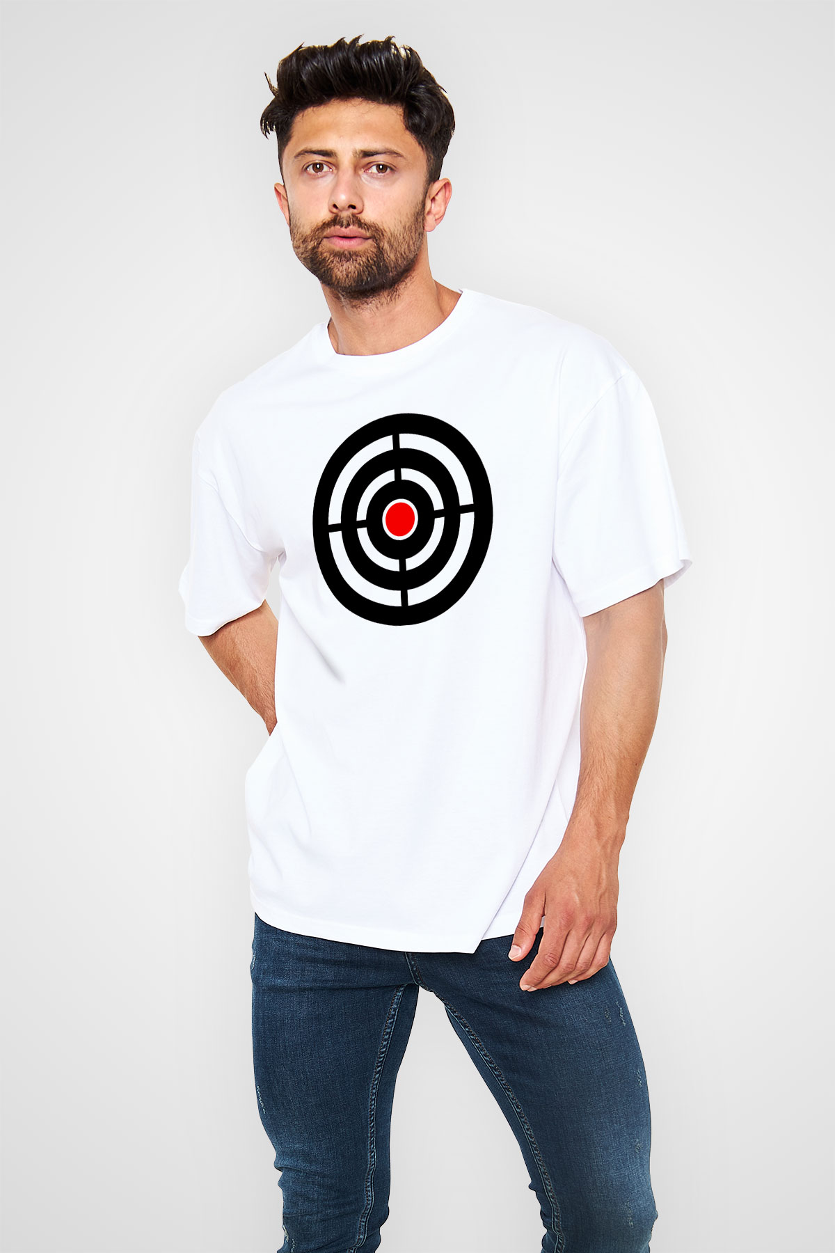 Atıcılık Baskılı Unisex Beyaz Oversize Tişört - Tshirt
