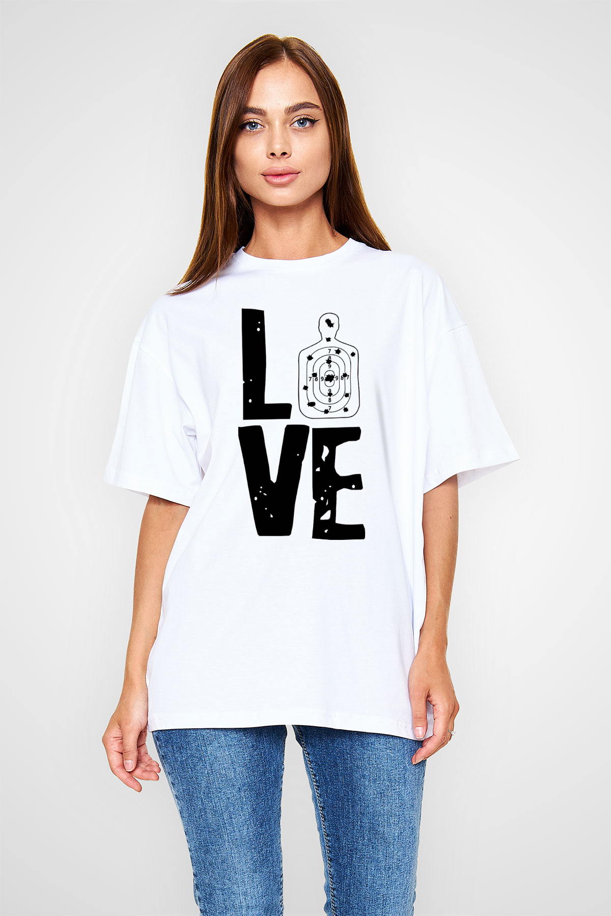 Atıcılık Baskılı Unisex Beyaz Oversize Tişört - Tshirt