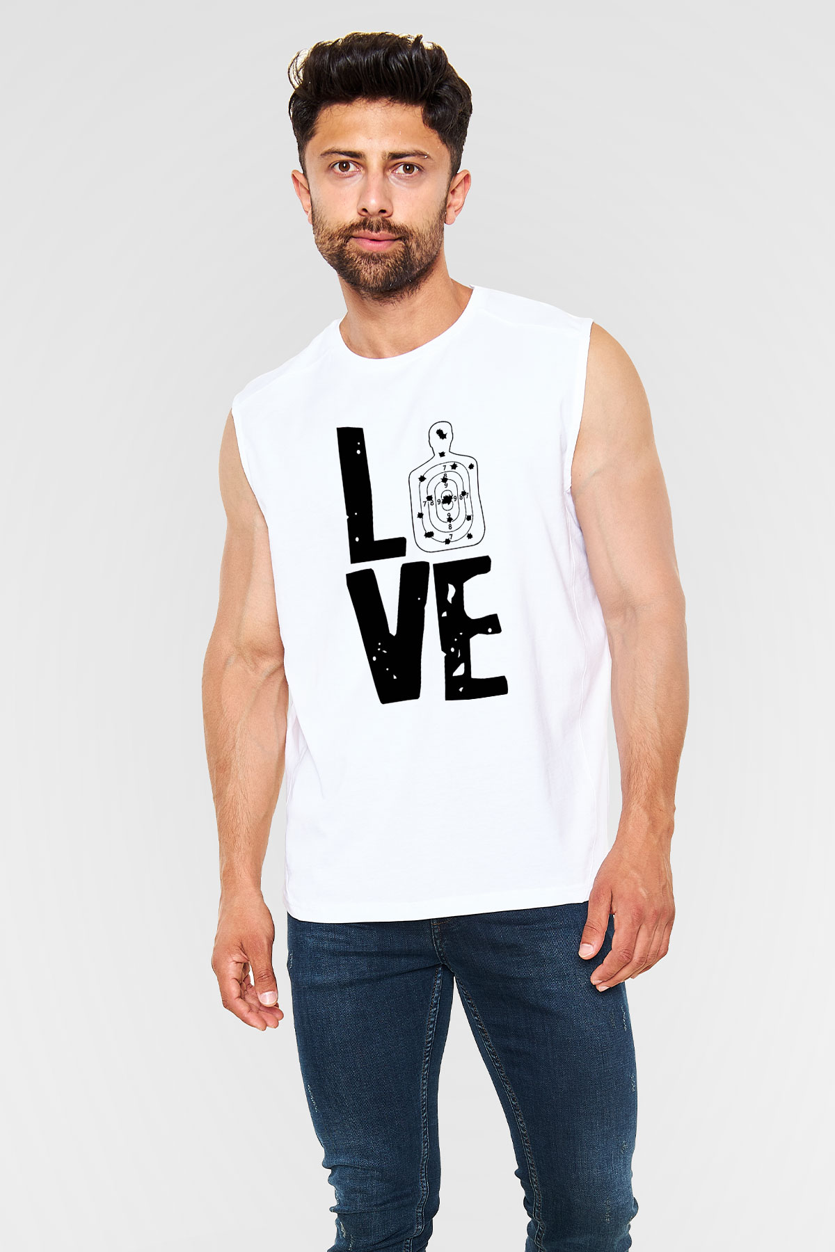 Atıcılık Baskılı Unisex Kolsuz Beyaz Tişört