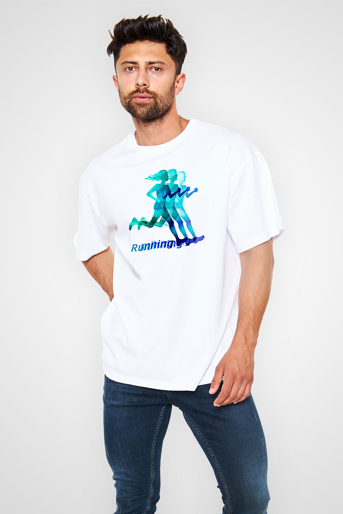Atletizm Baskılı Unisex Beyaz Oversize Tişört - Tshirt