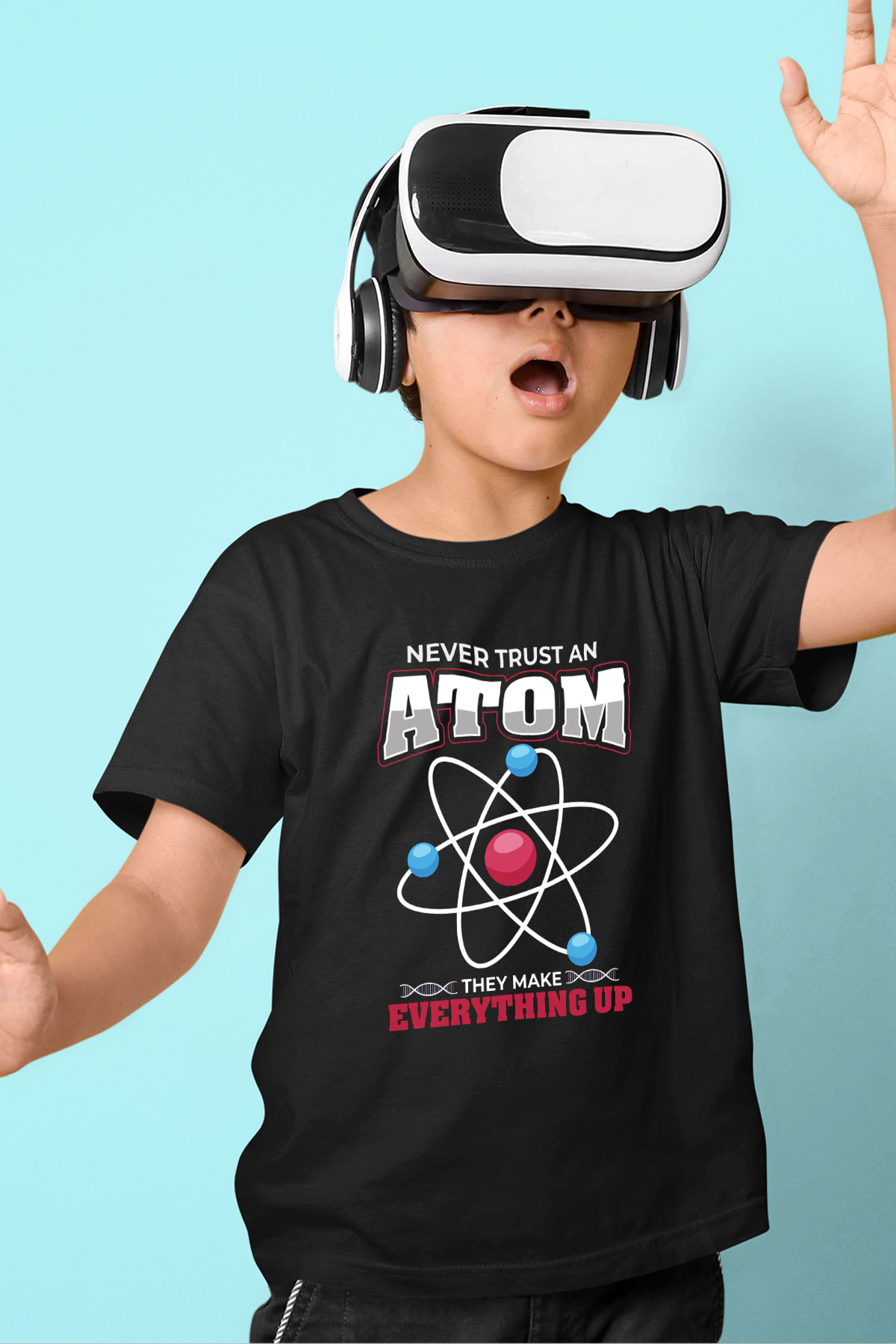 Atom Baskılı Unisex Siyah Çocuk Tişörtü - Tshirt