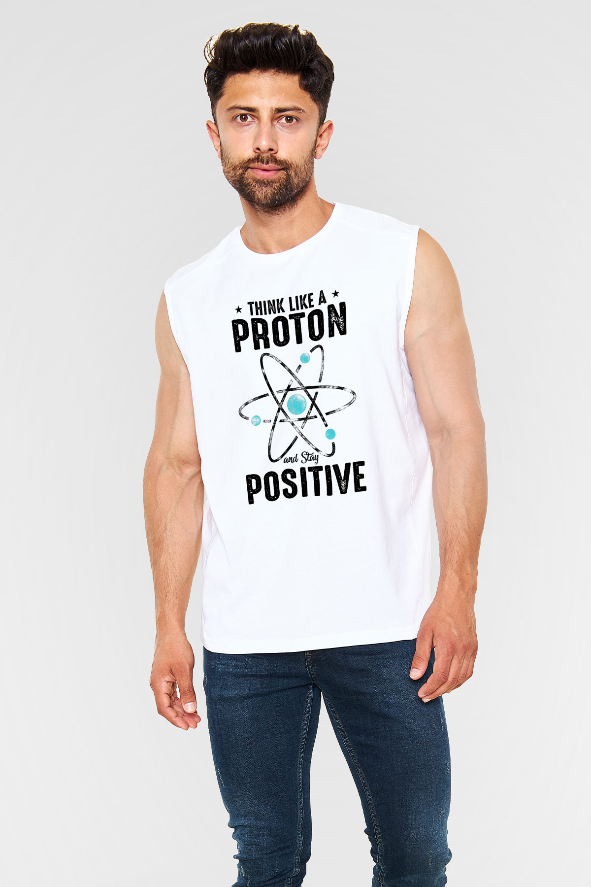 Atom Proton Baskılı Unisex Kolsuz Beyaz Tişört - Tshirt