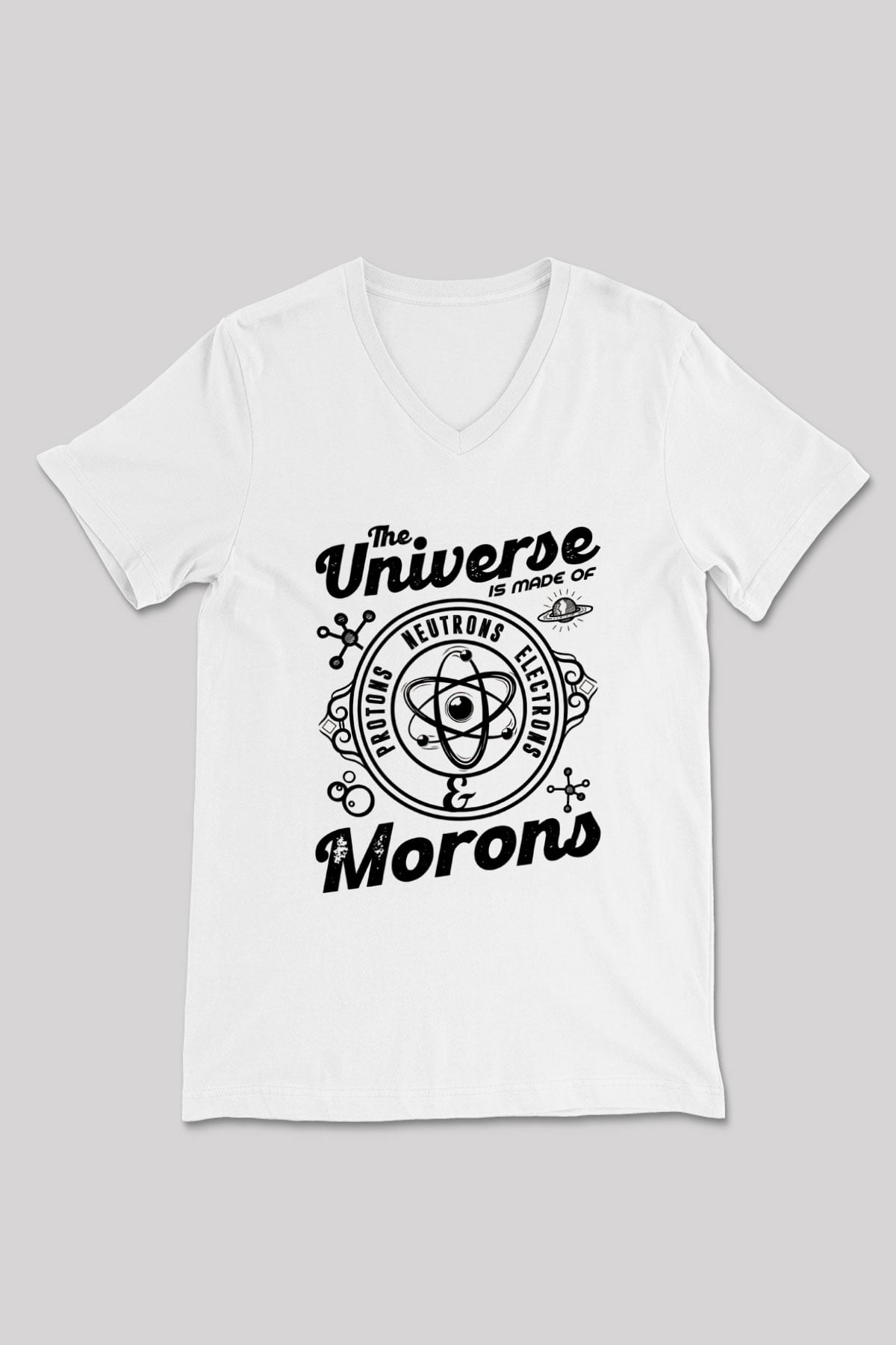 Atom Proton Nötron Eelektron Baskılı Unisex V Yaka Beyaz Tişört - Tshirt
