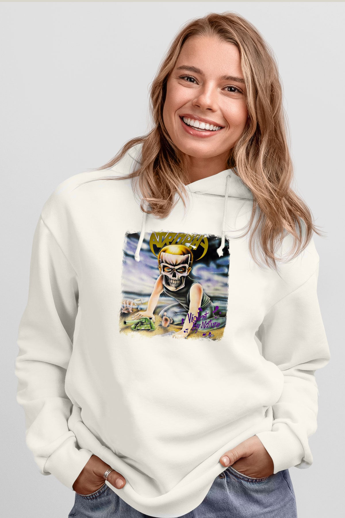 Atrophy Baskılı Unisex Beyaz Hoodie