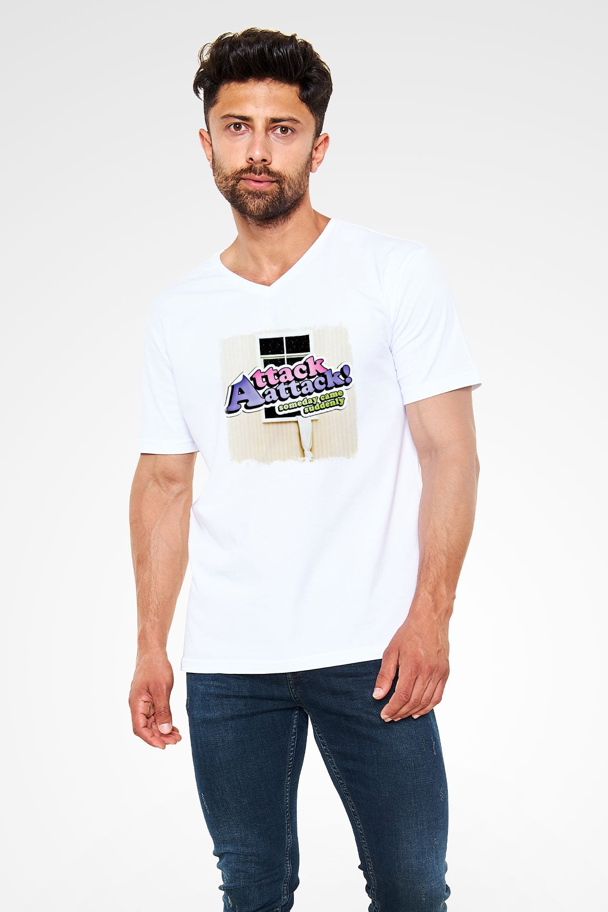 Attack Attack! Baskılı Unisex Beyaz V Yaka Tişört