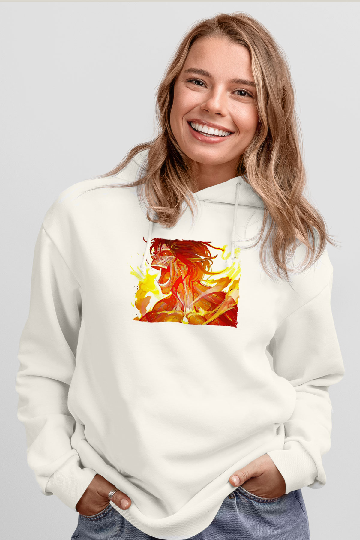 Attack On Titan Baskılı Beyaz Unisex Hoodie