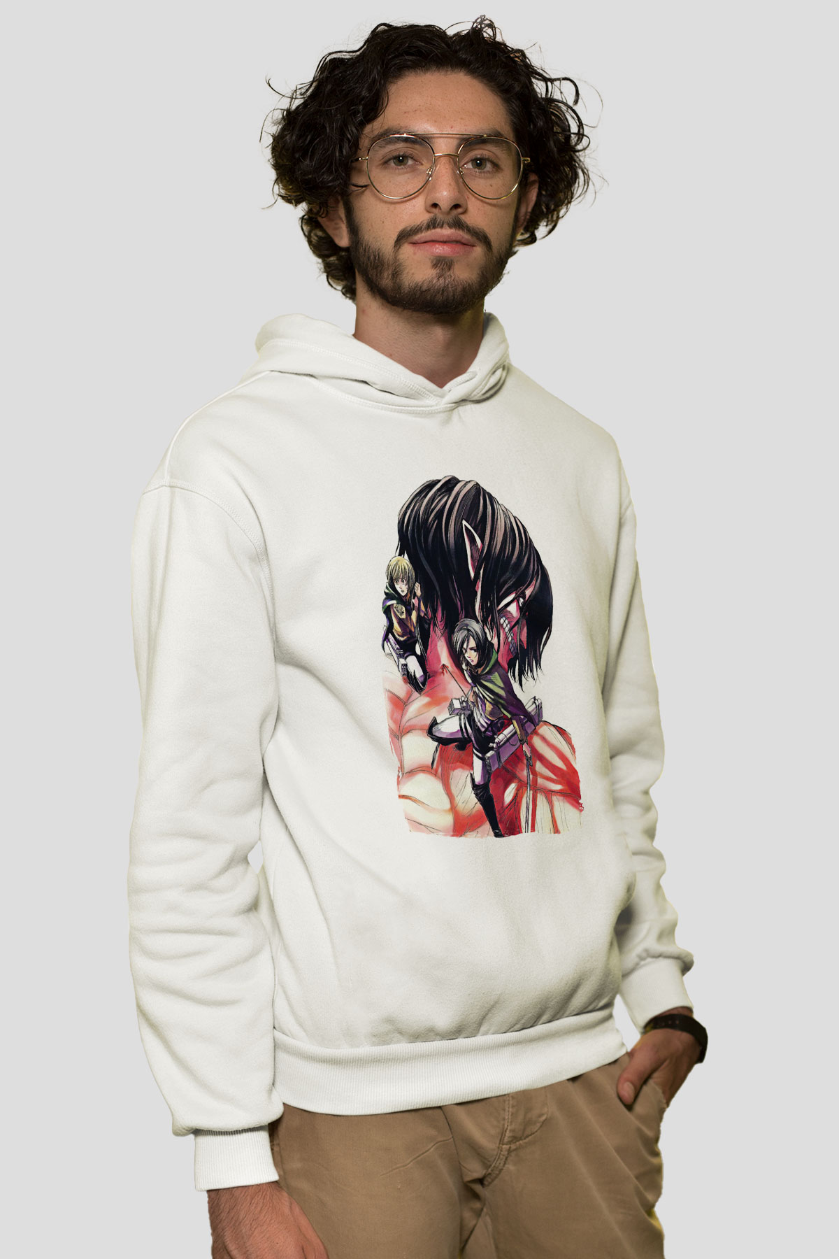 Attack On Titan Baskılı Beyaz Unisex Hoodie