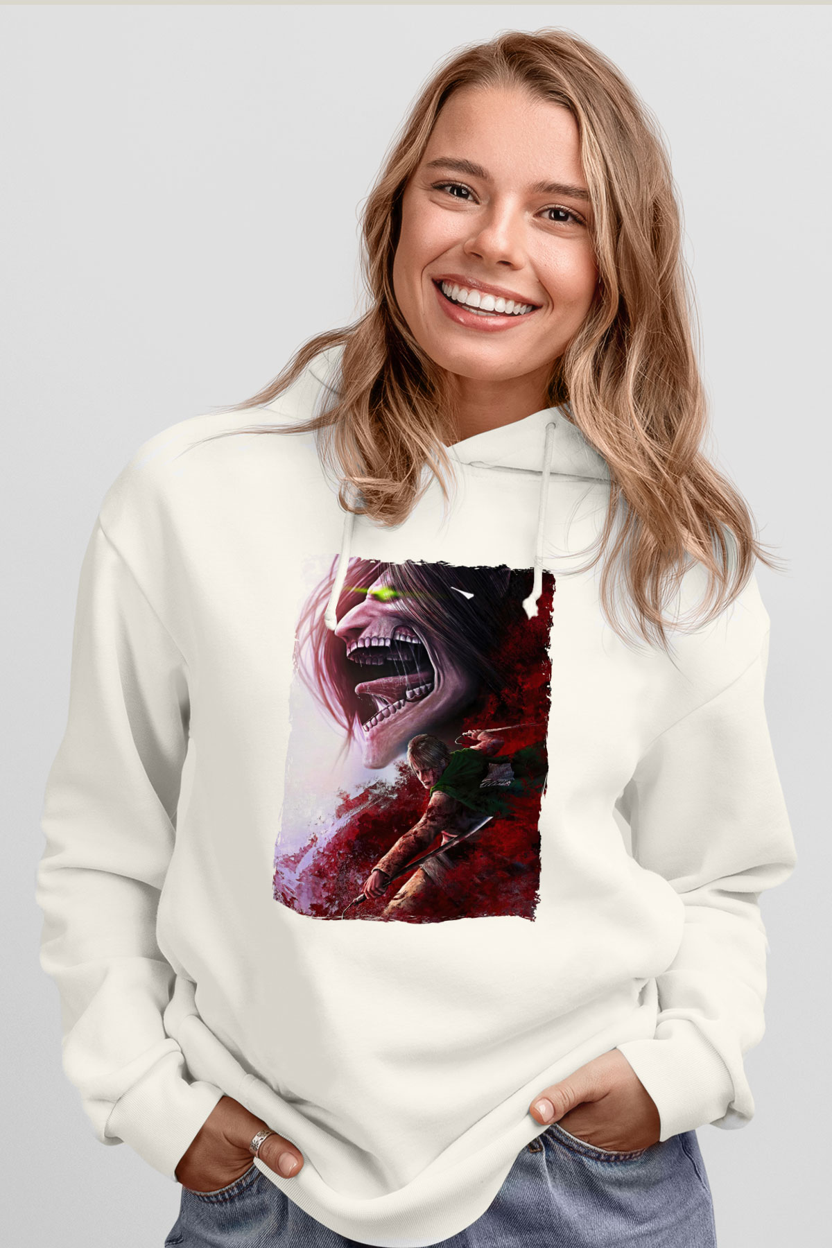 Attack On Titan Baskılı Beyaz Unisex Hoodie
