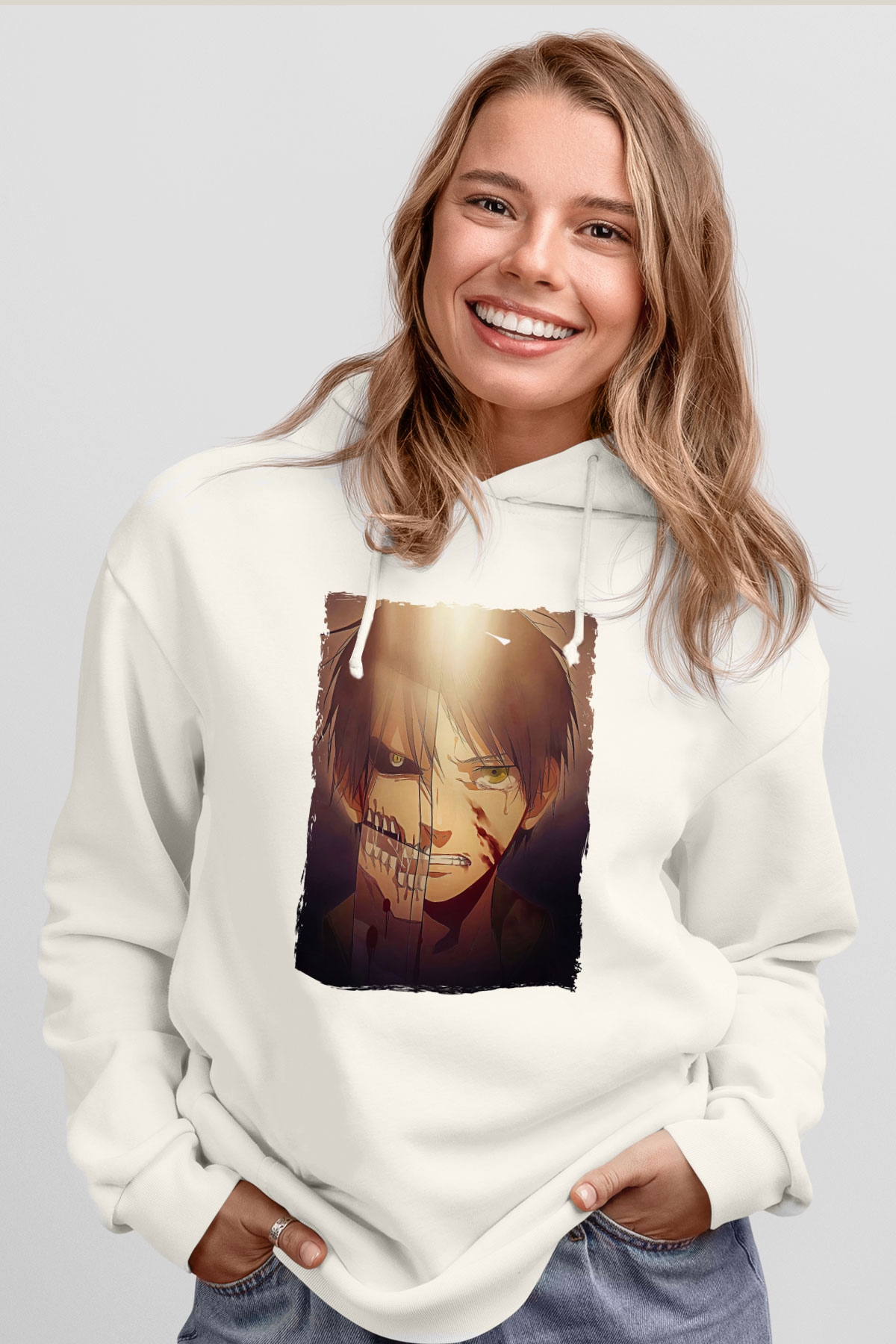 Attack On Titan Baskılı Beyaz Unisex Hoodie