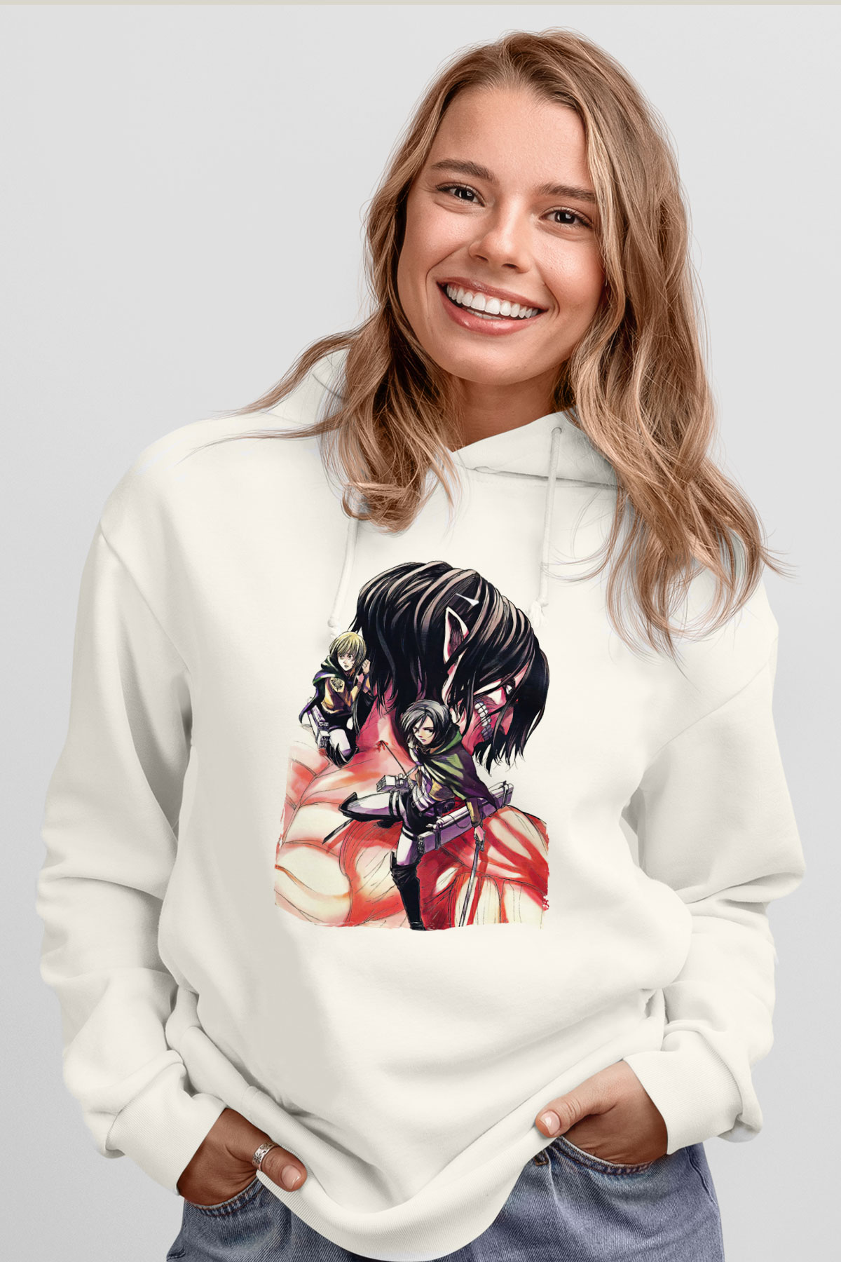 Attack On Titan Baskılı Beyaz Unisex Hoodie